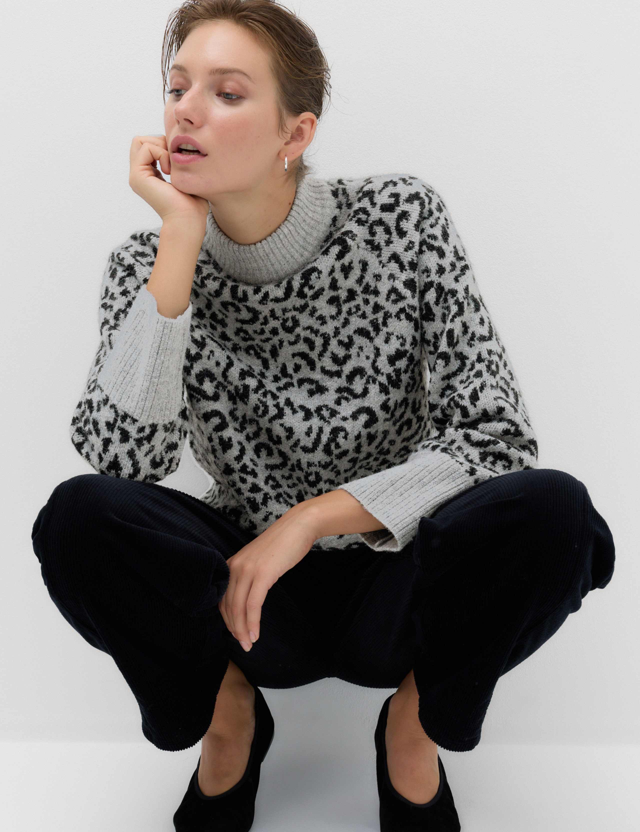 Animal Print Funnel Neck Relaxed Fit Jumper with Wool 5 of 6