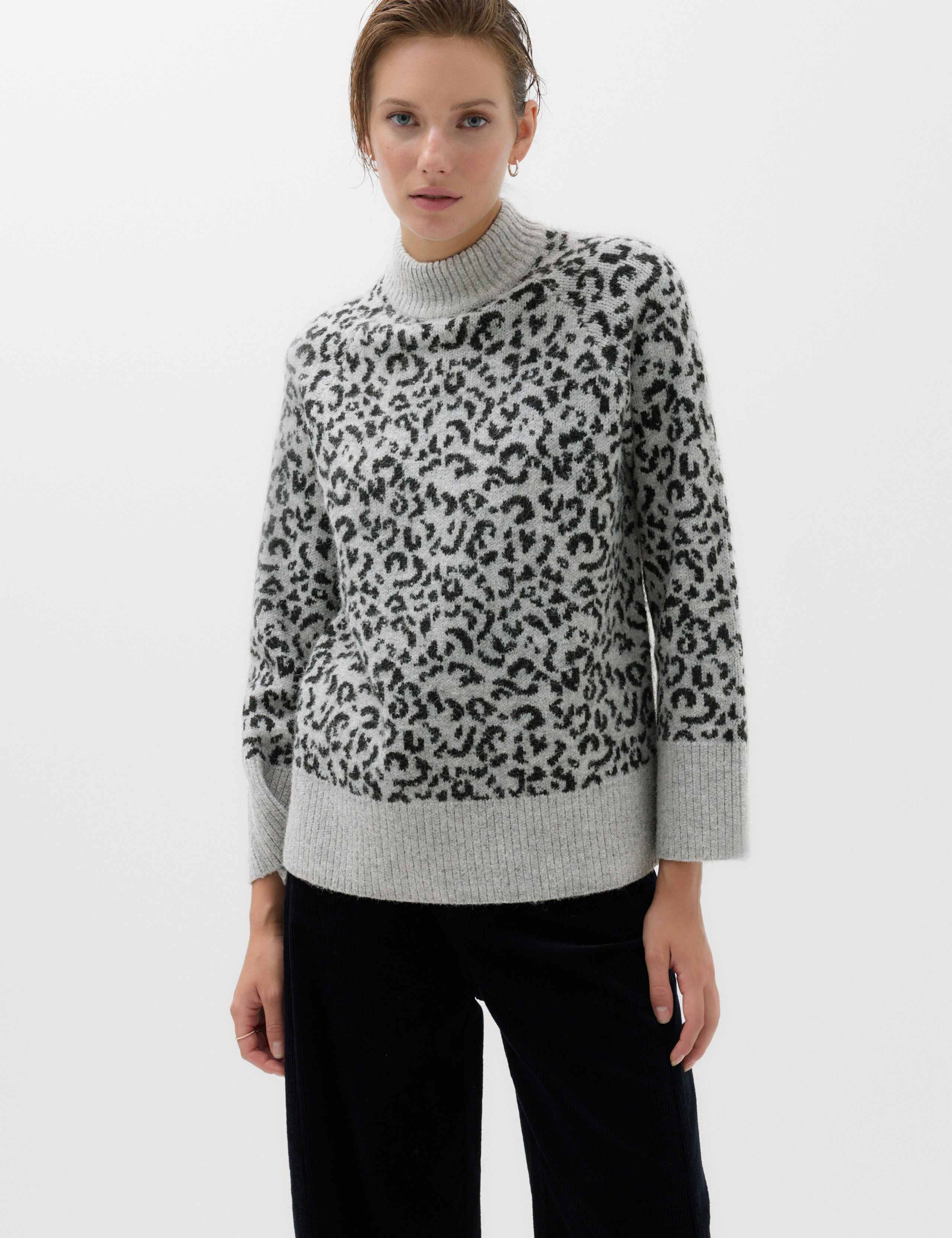 Animal Print Funnel Neck Relaxed Fit Jumper with Wool 6 of 6