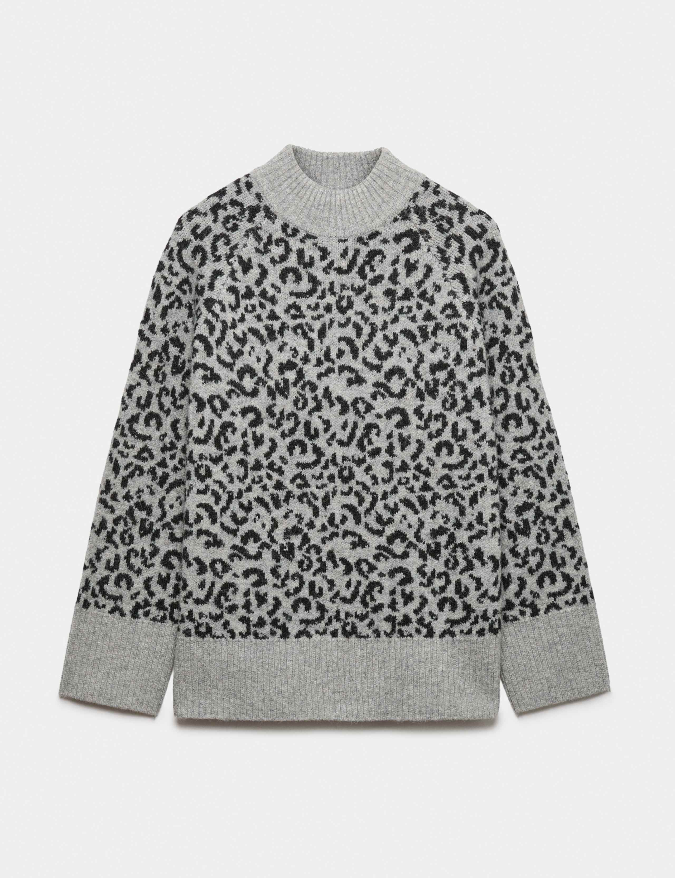 Animal Print Funnel Neck Relaxed Fit Jumper with Wool 2 of 6