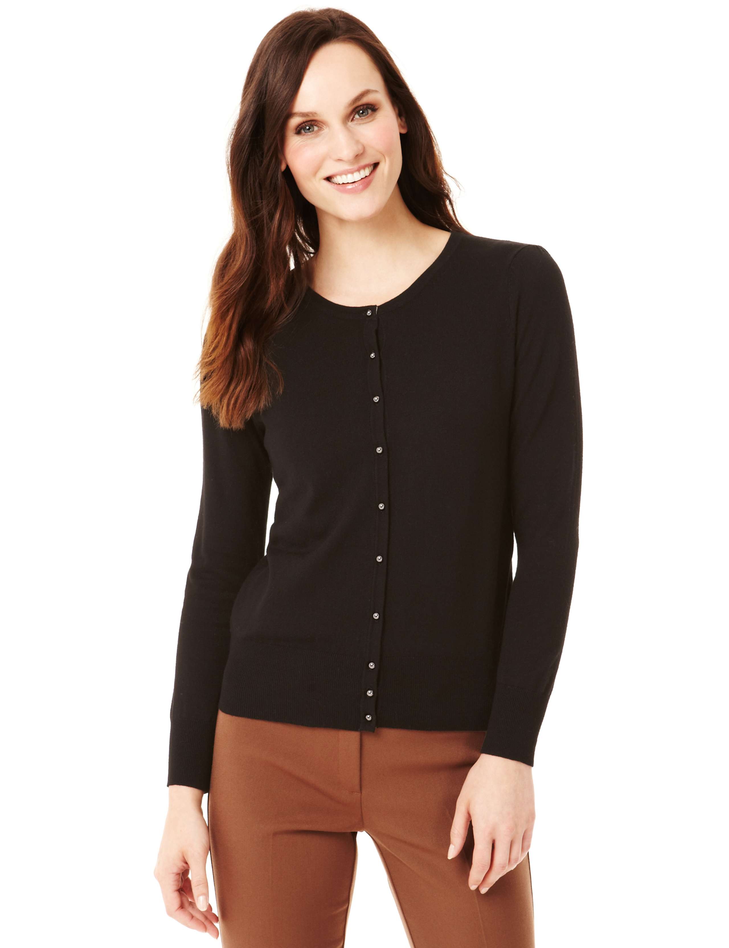 Button Through Ribbed Round Neck Cardigan 1 of 2