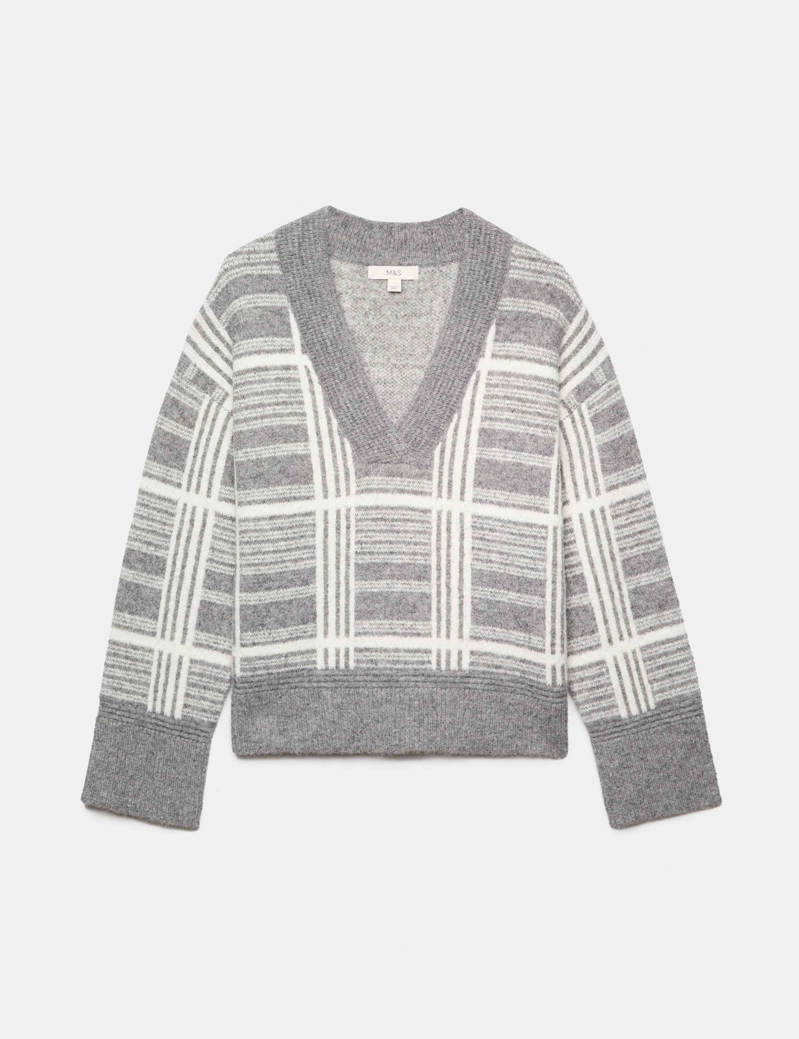 Checked V Neck Relaxed Jumper With Wool 2 of 6