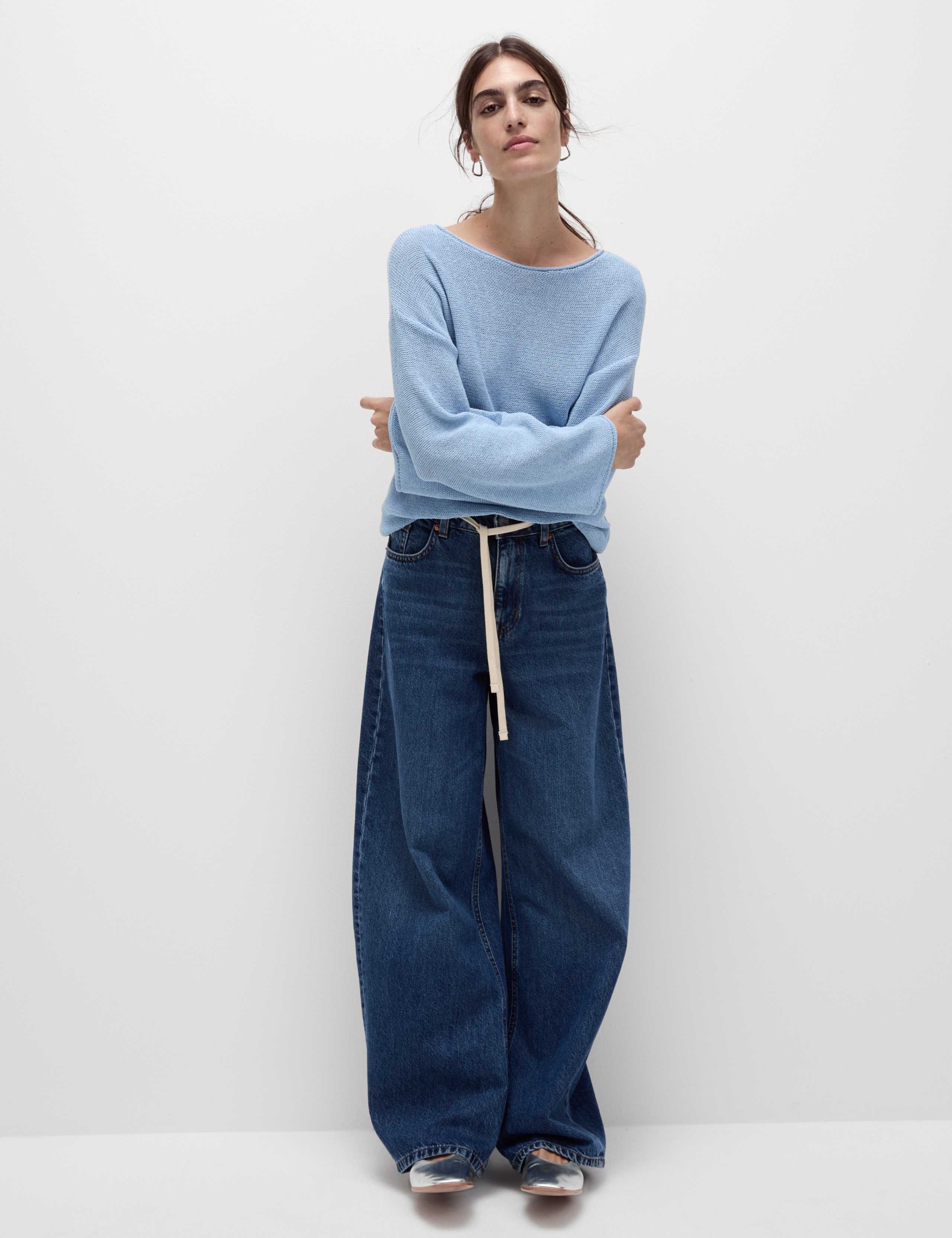 Cotton Blend Textured Crew Neck Jumper 1 of 7