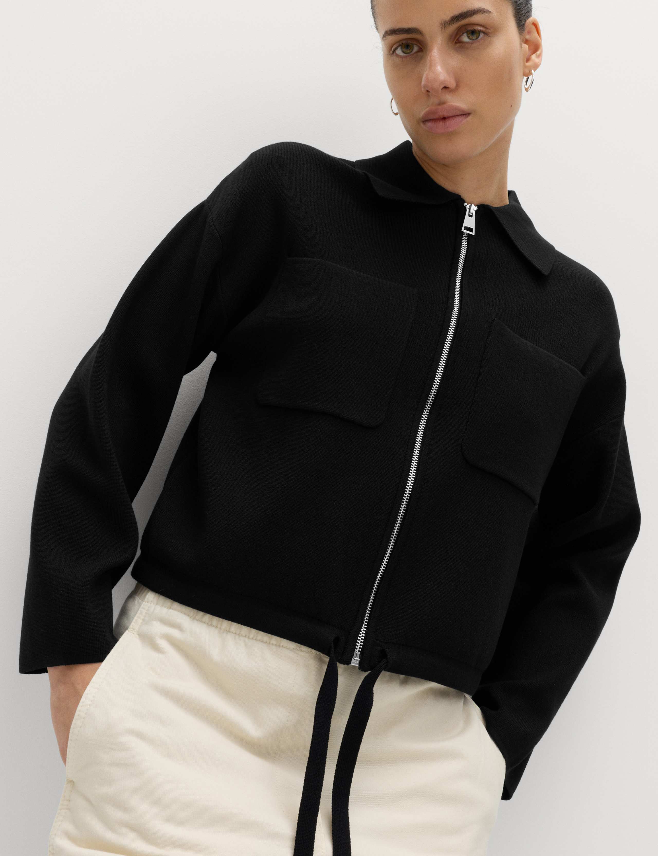 Collared Zip Up Relaxed Knitted Jacket 1 of 5