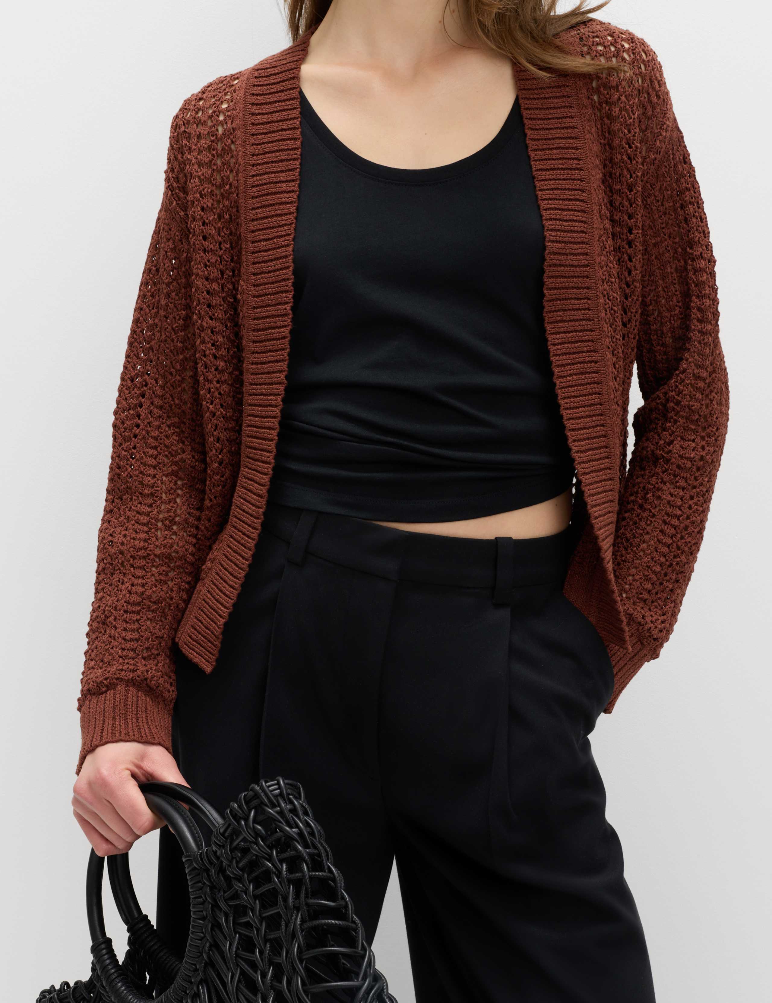 Cotton Blend Open Stitch Relaxed Cropped Cardigan 4 of 7