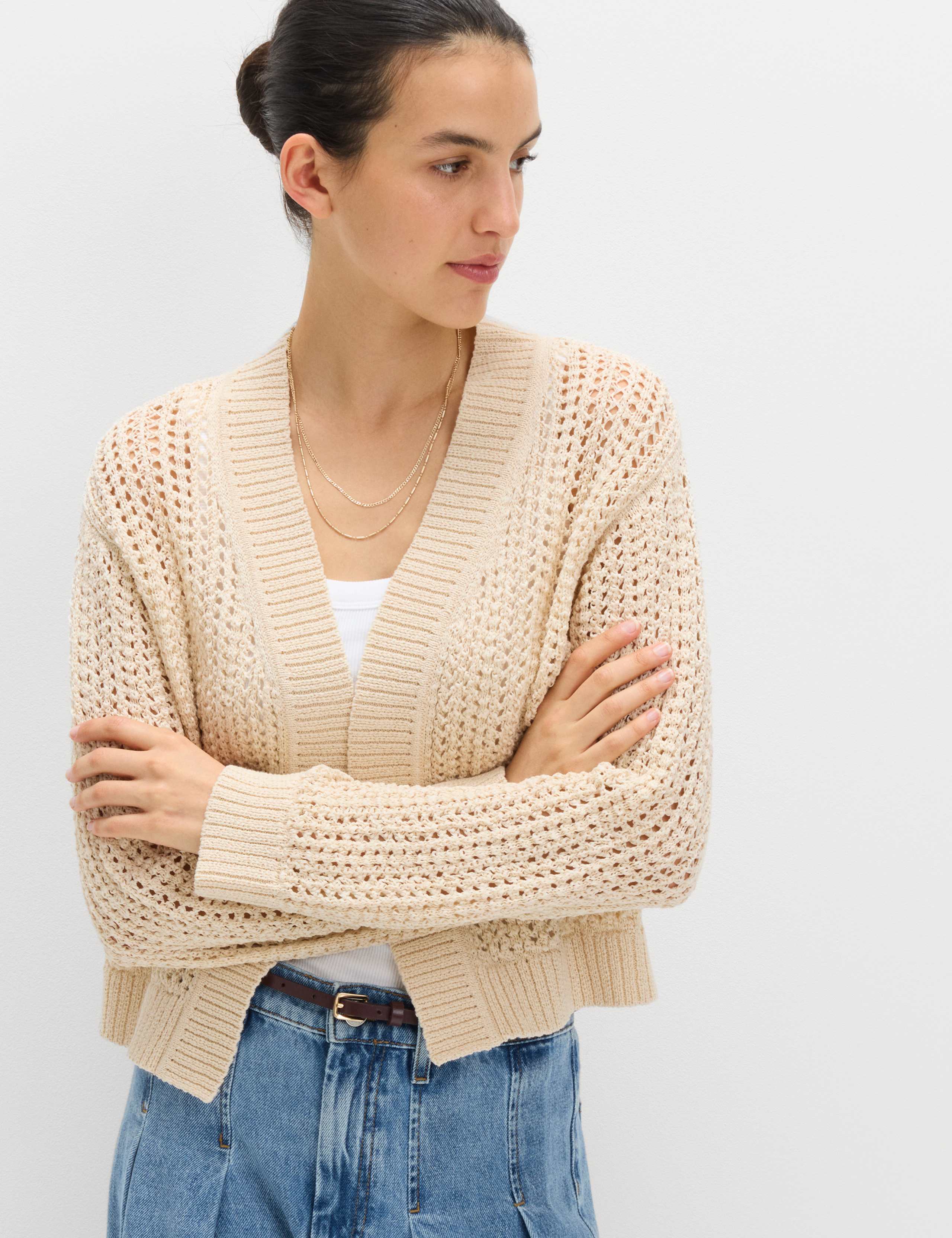 Cotton Blend Open Stitch Relaxed Cropped Cardigan 6 of 6