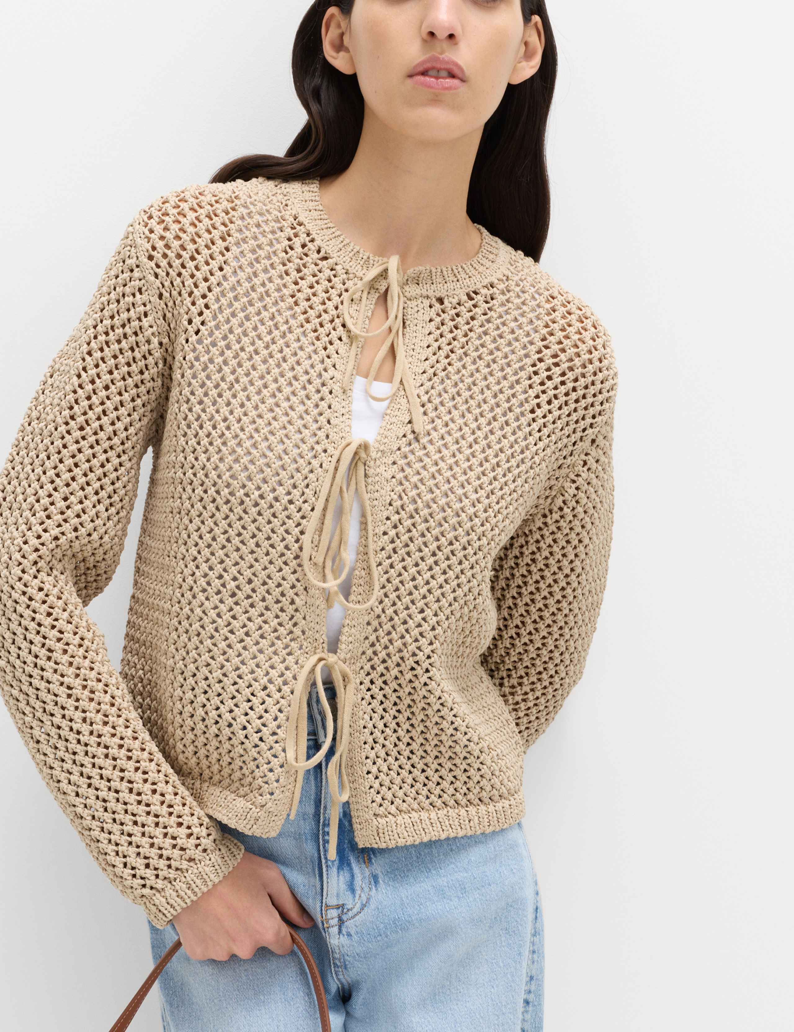 Textured Tie Front Slim Fit Cropped Cardigan 1 of 5