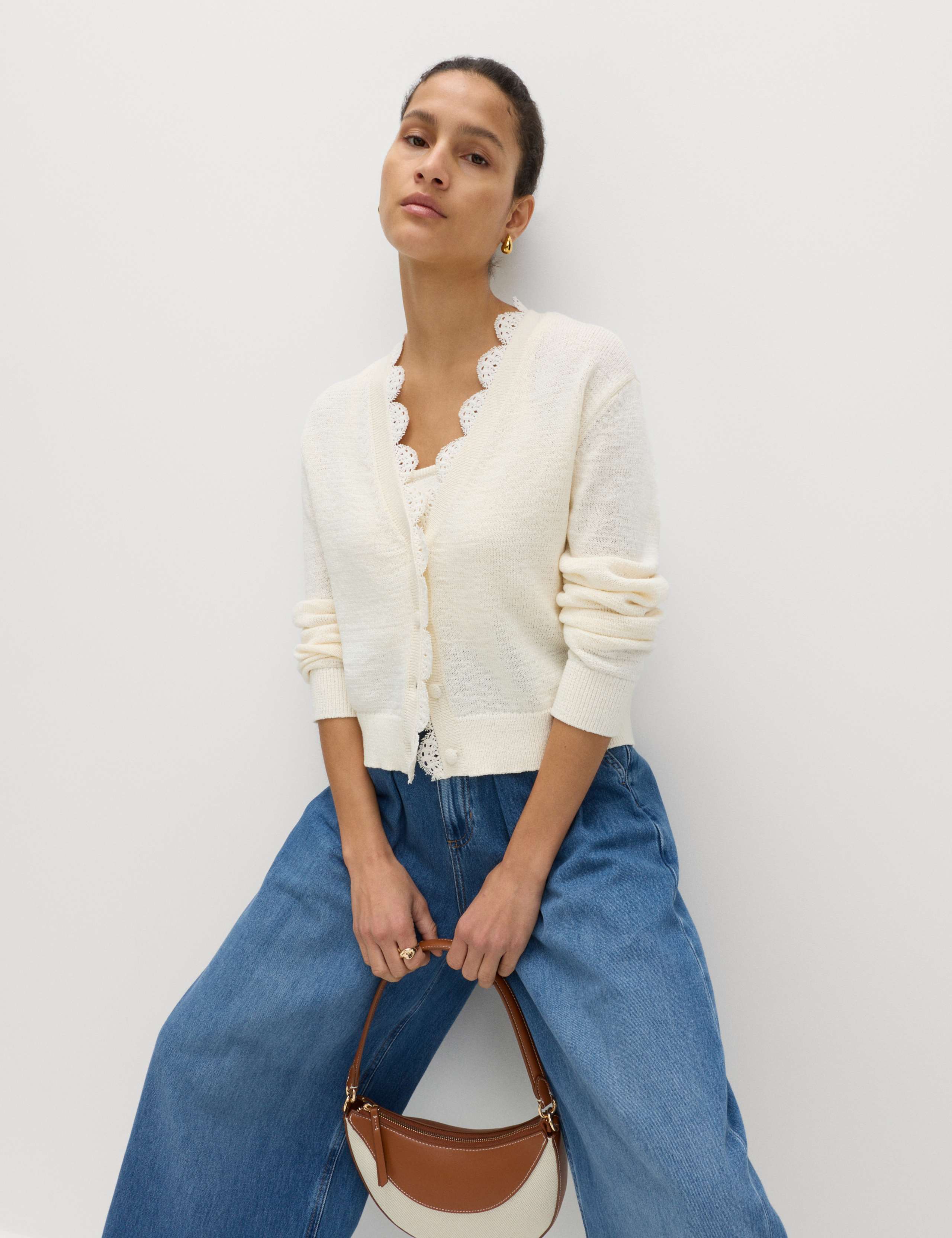 Cotton Blend Lace Trim V-Neck Cardigan 3 of 7