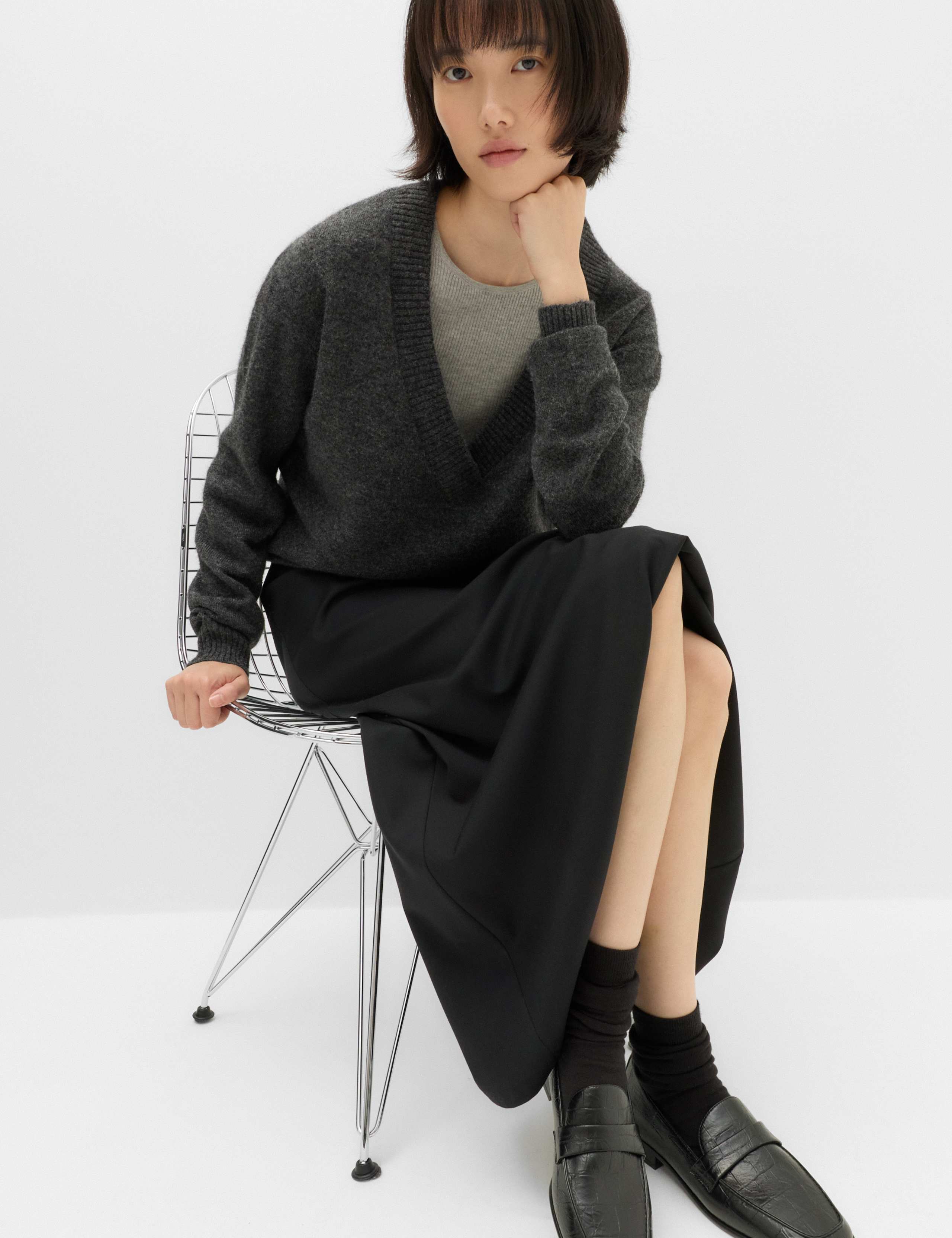 Ribbed V-Neck Double Layer Jumper with Wool 5 of 6