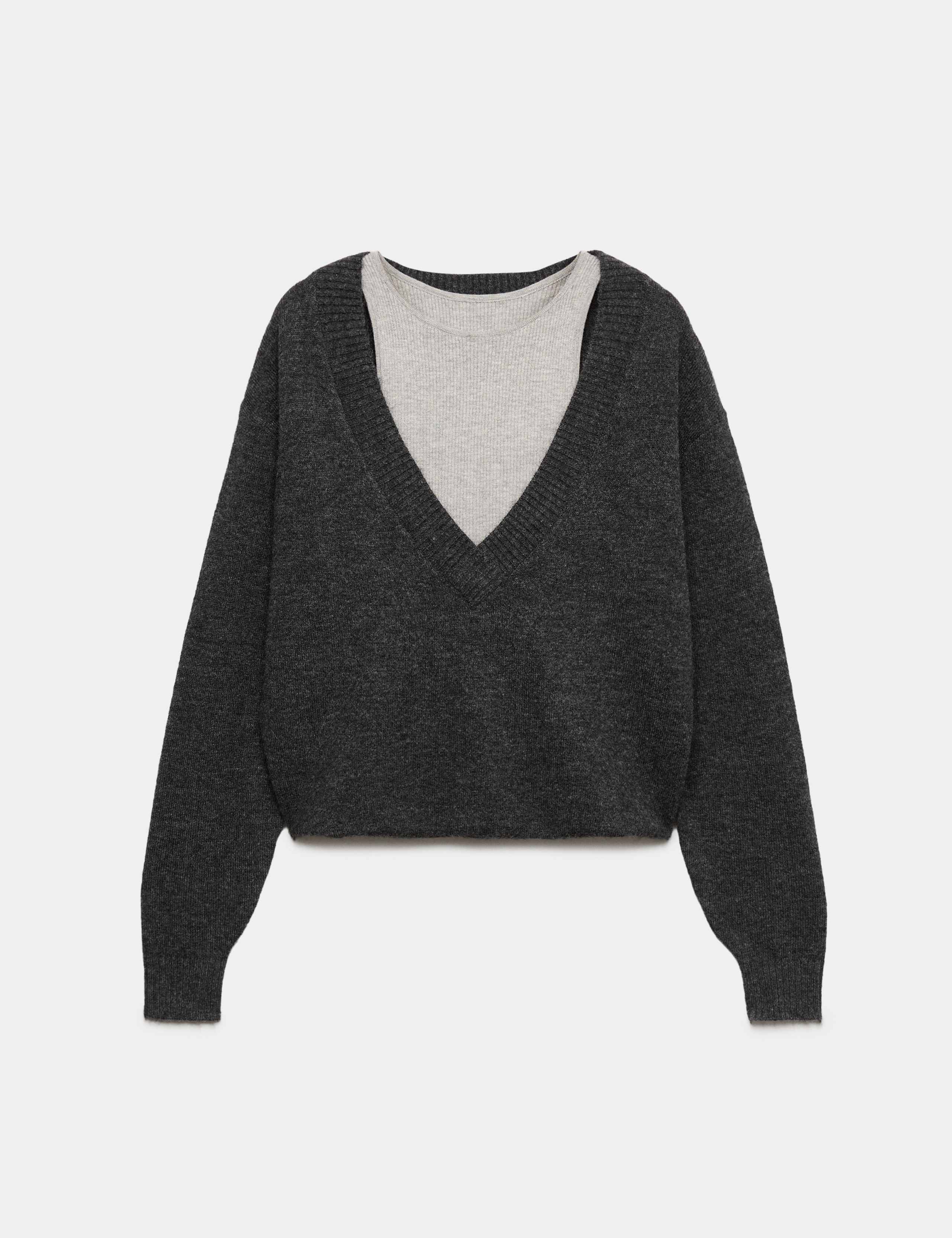 Ribbed V-Neck Double Layer Jumper with Wool 2 of 6