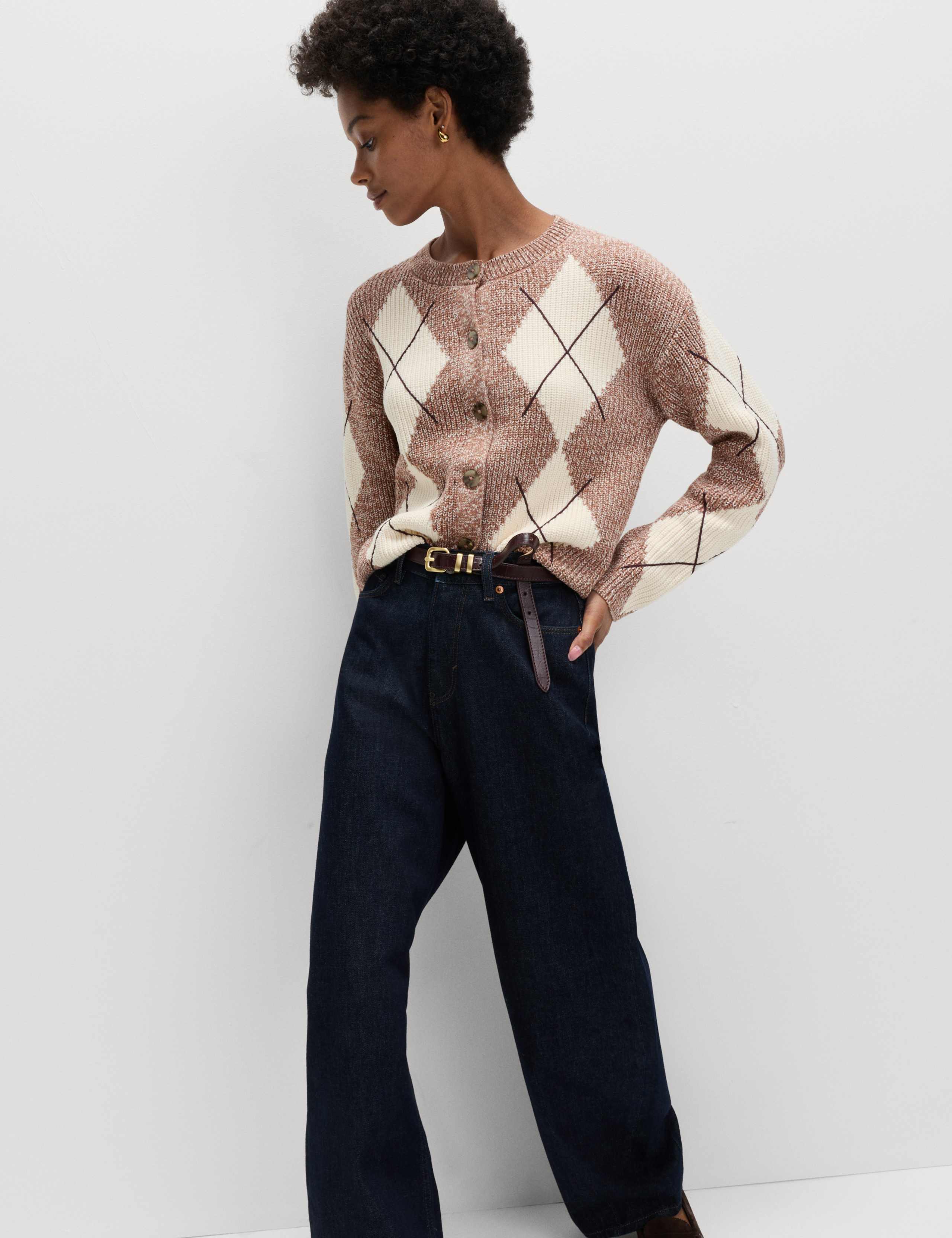 Cotton Rich Argyle Crew Neck Cardigan 3 of 6