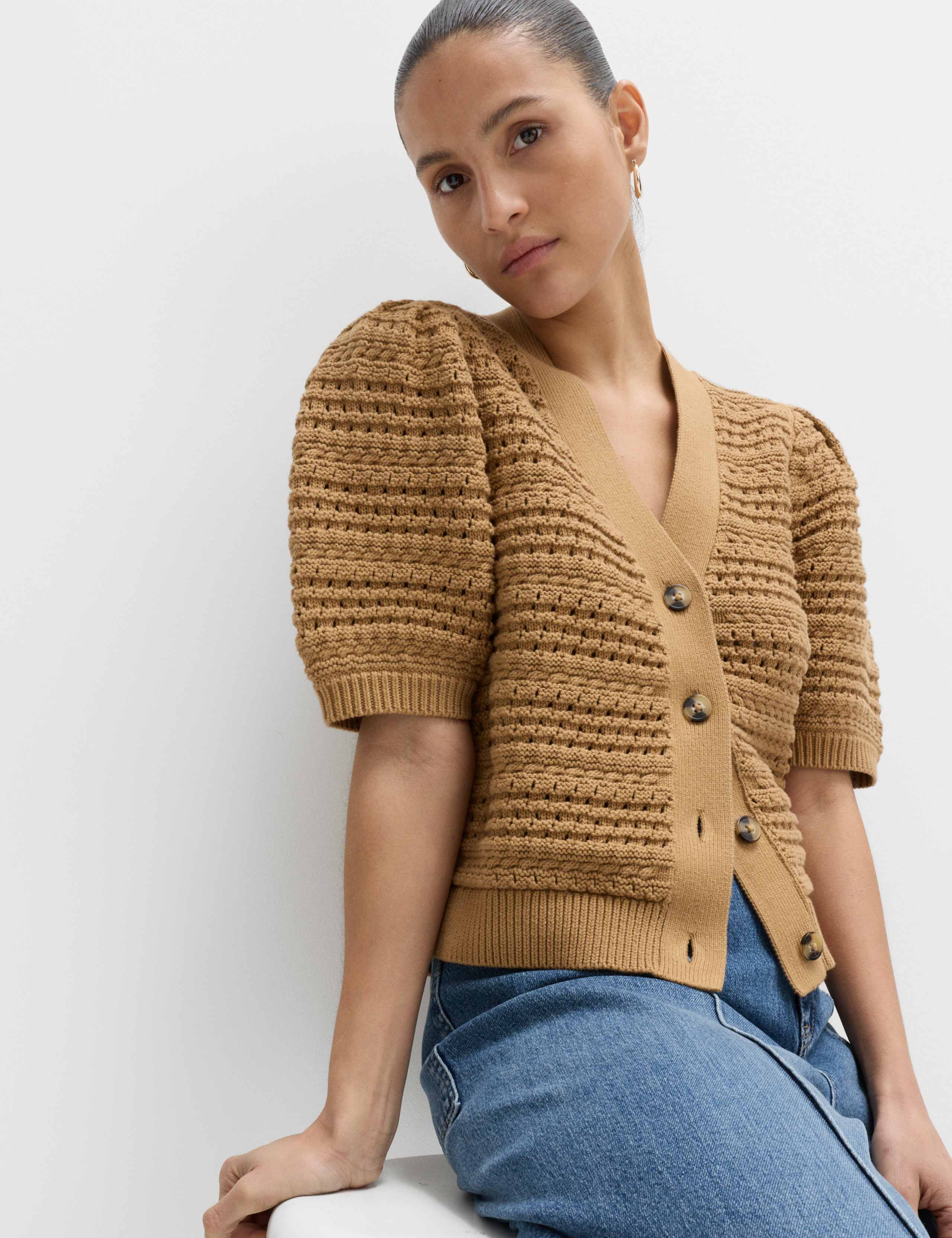 Pure Cotton Puff Sleeve Cropped Cardigan 1 of 5
