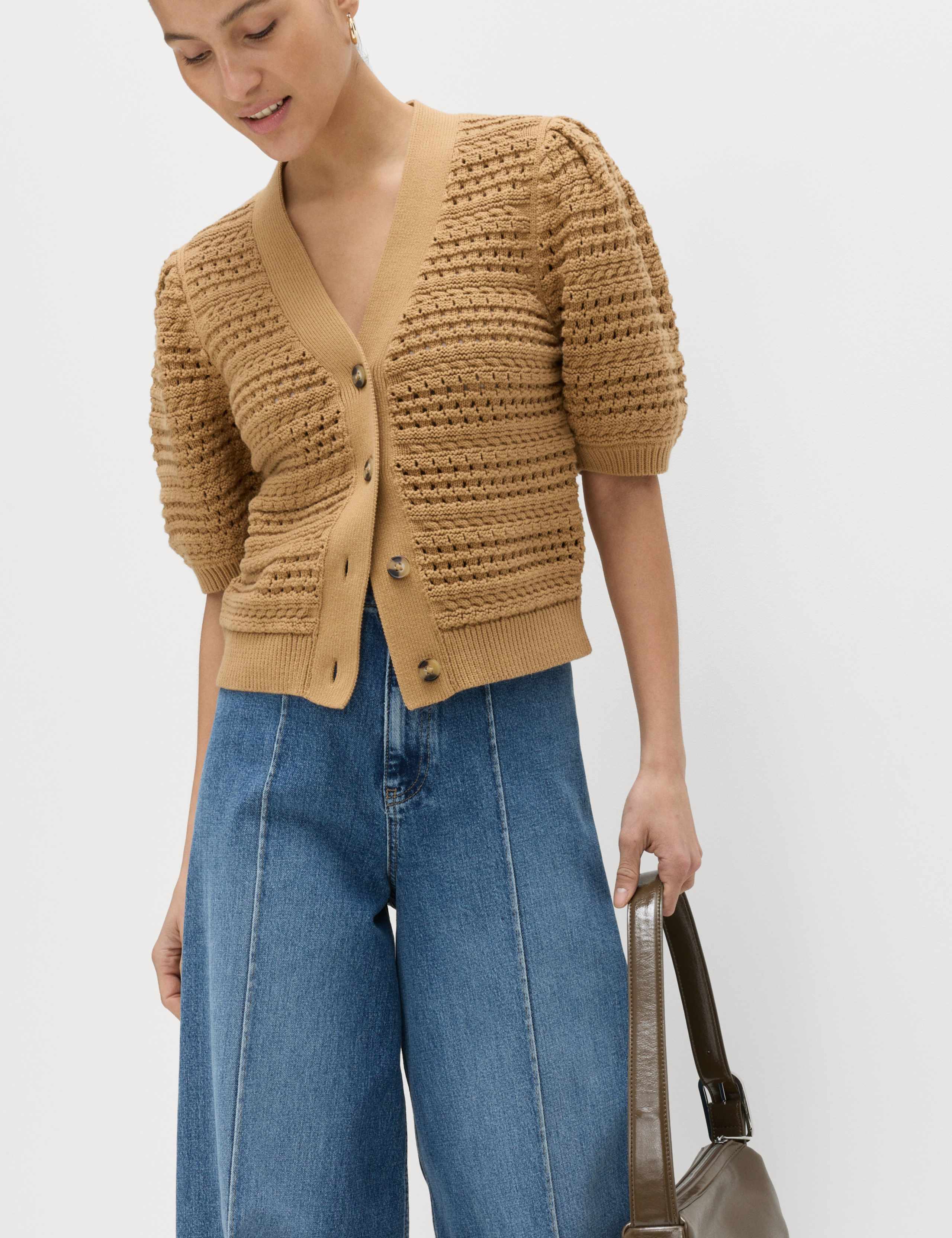 Pure Cotton Puff Sleeve Cropped Cardigan 3 of 5