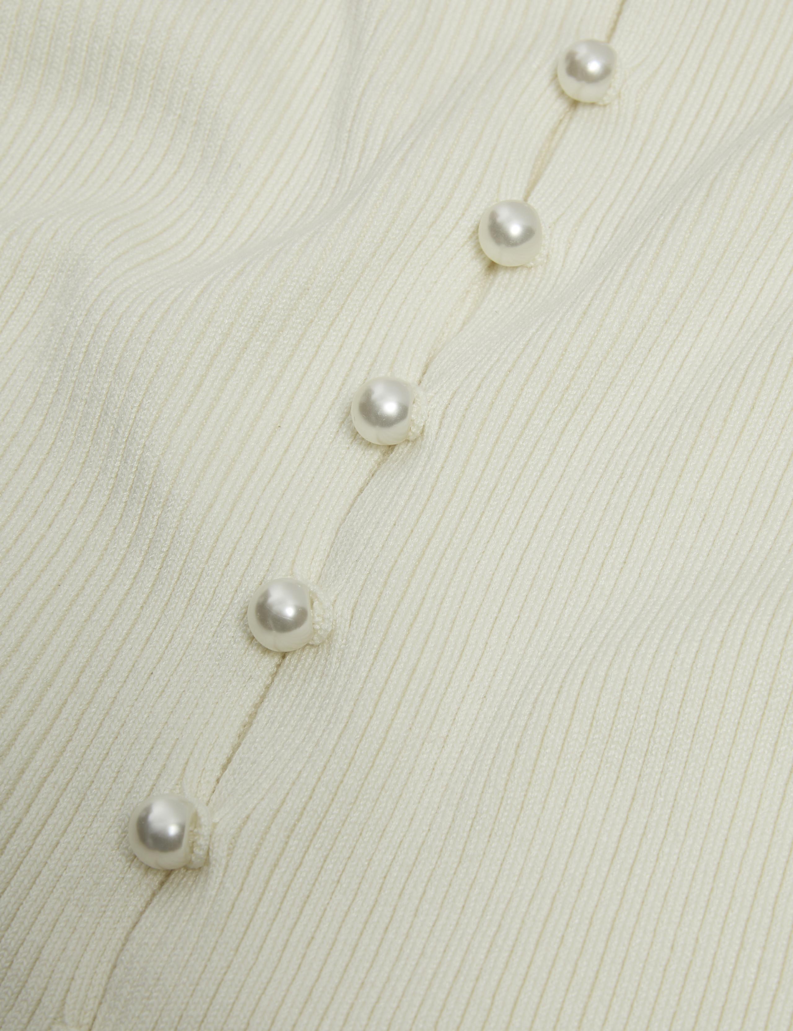 Textured Crew Neck Pearl Look Button Cropped Knitted Top 6 of 6