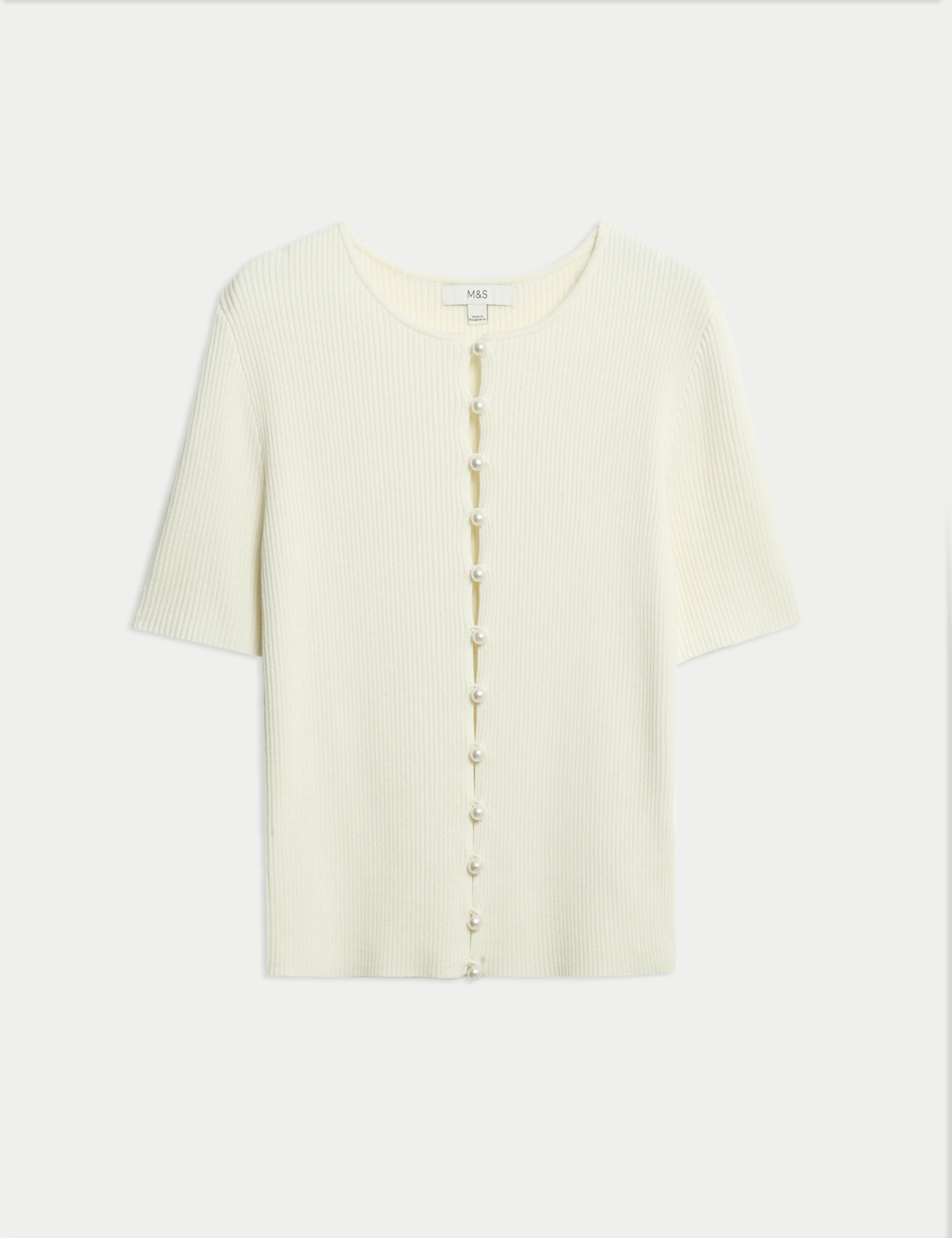 Textured Crew Neck Pearl Look Button Cropped Knitted Top 2 of 6