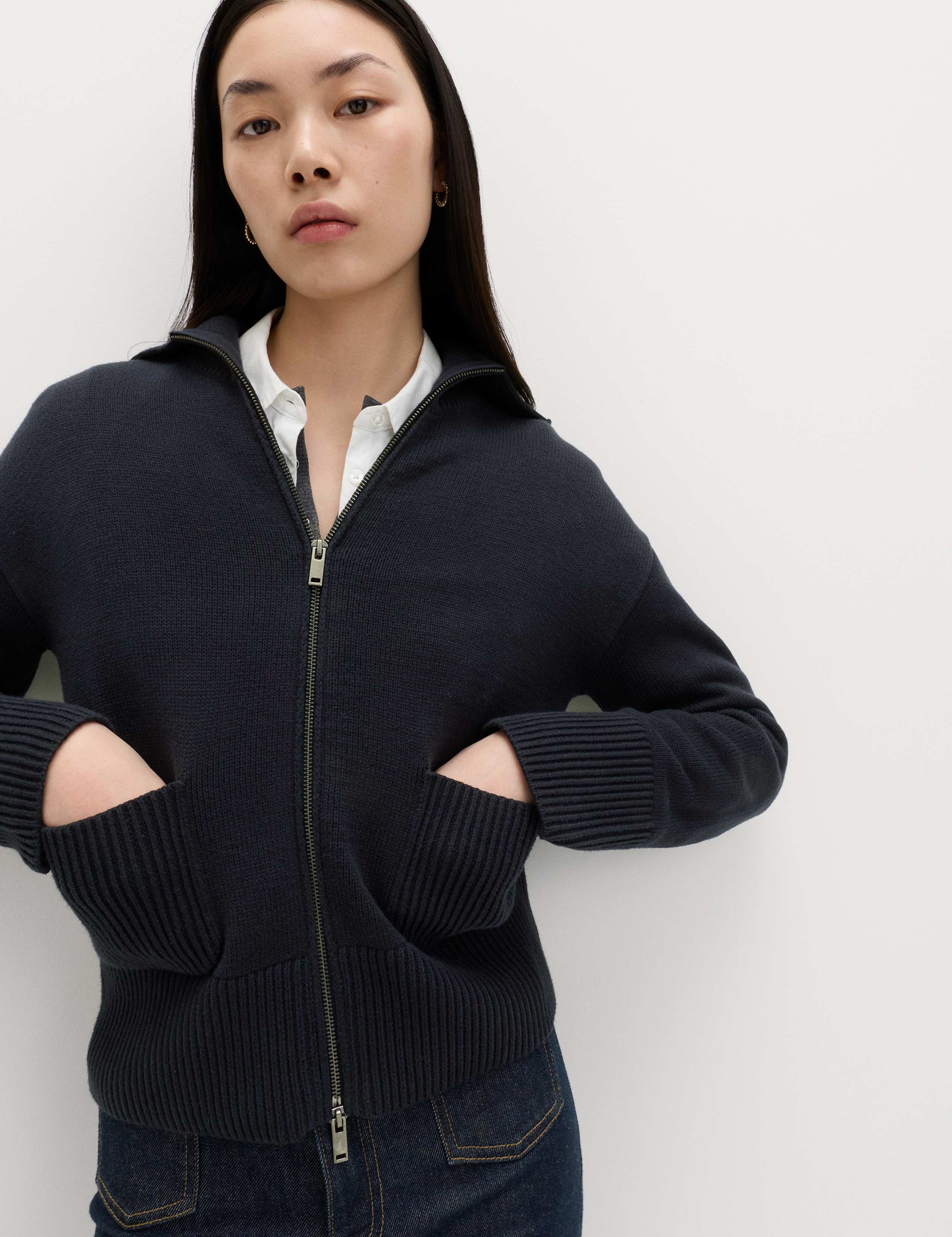 Cotton Rich Pocket Detail Collared Knitted Jacket 1 of 6