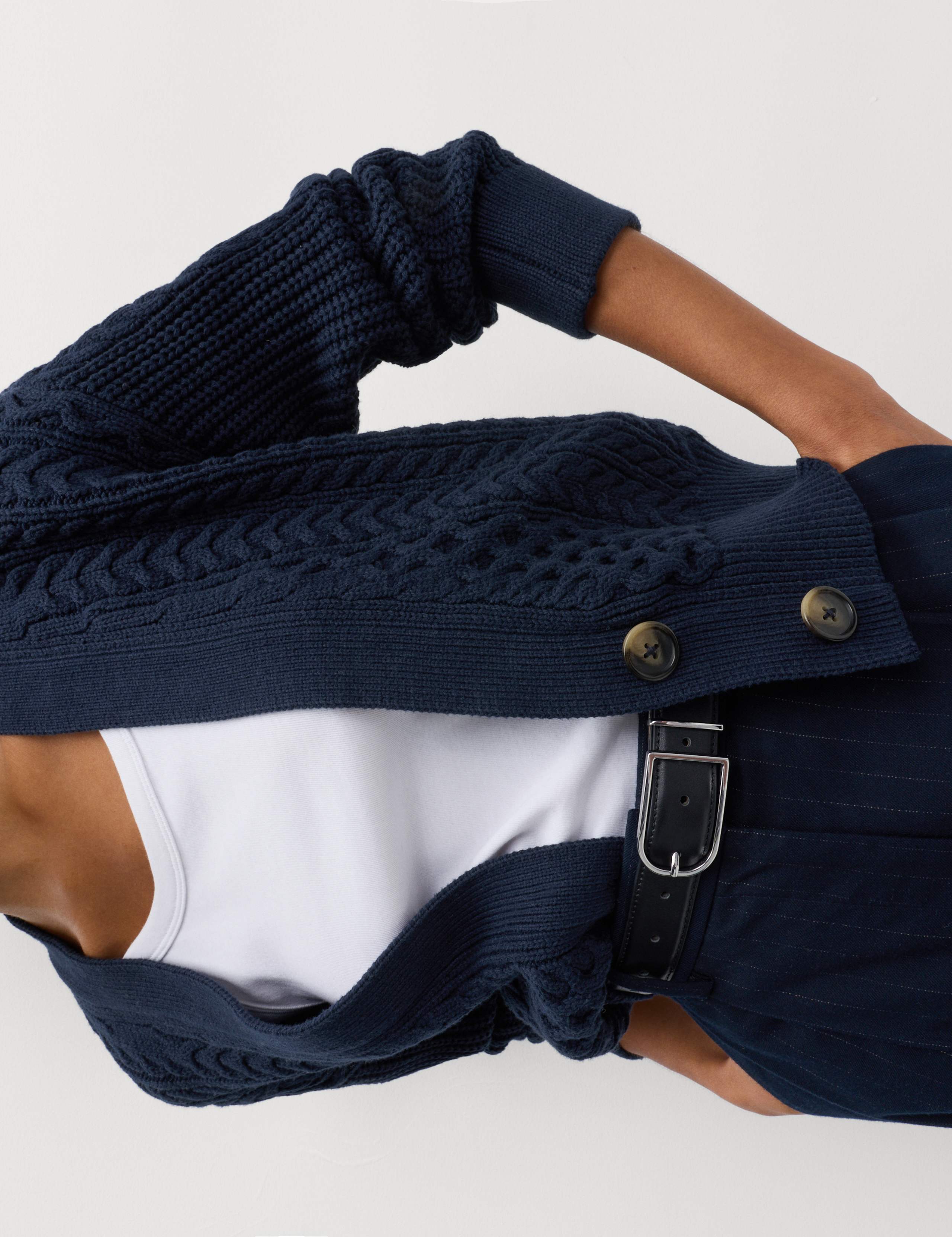 Cotton Rich Cable Knit V-Neck Cropped Cardigan 3 of 7