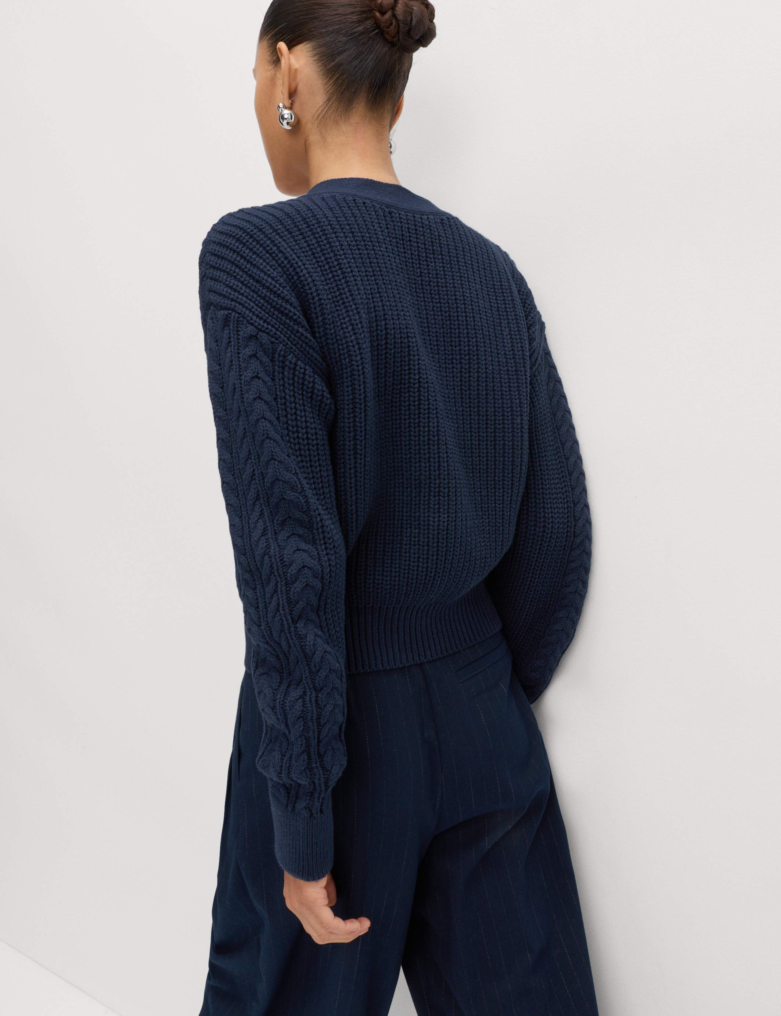Cotton Rich Cable Knit V-Neck Cropped Cardigan 5 of 7