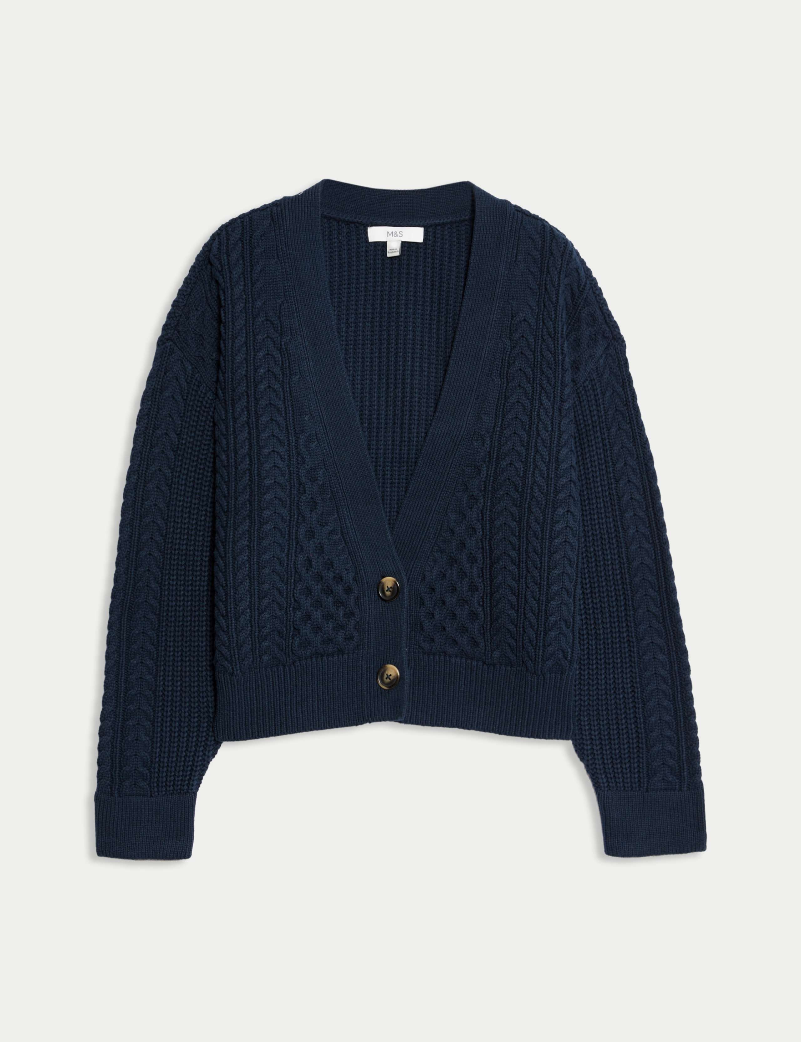 Cotton Rich Cable Knit V-Neck Cropped Cardigan 1 of 2