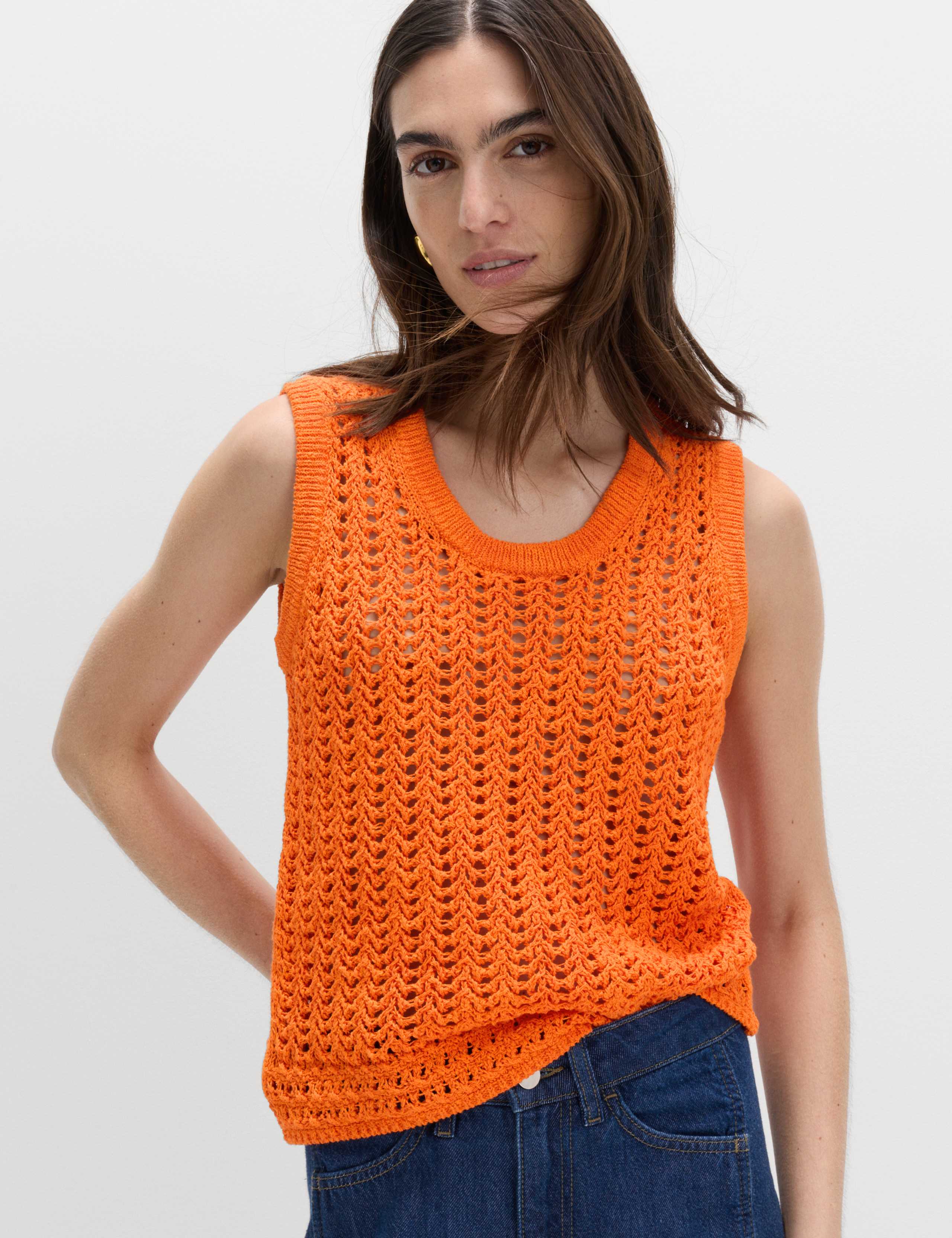 Cotton Rich Crochet-Style Scoop Neck Knitted Vest 1 of 5