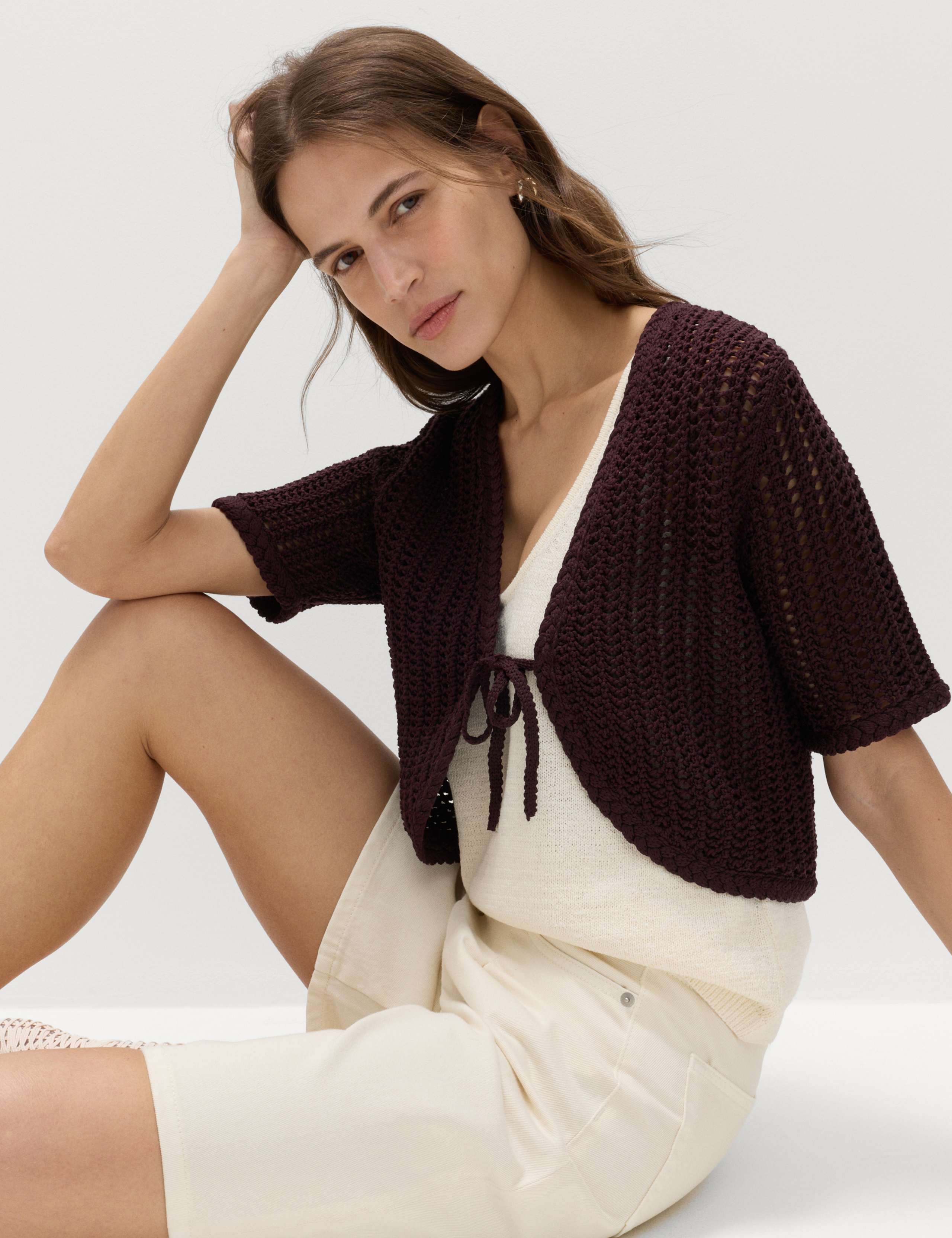 Open Stitch V-Neck Tie Fastening Cardigan 2 of 4