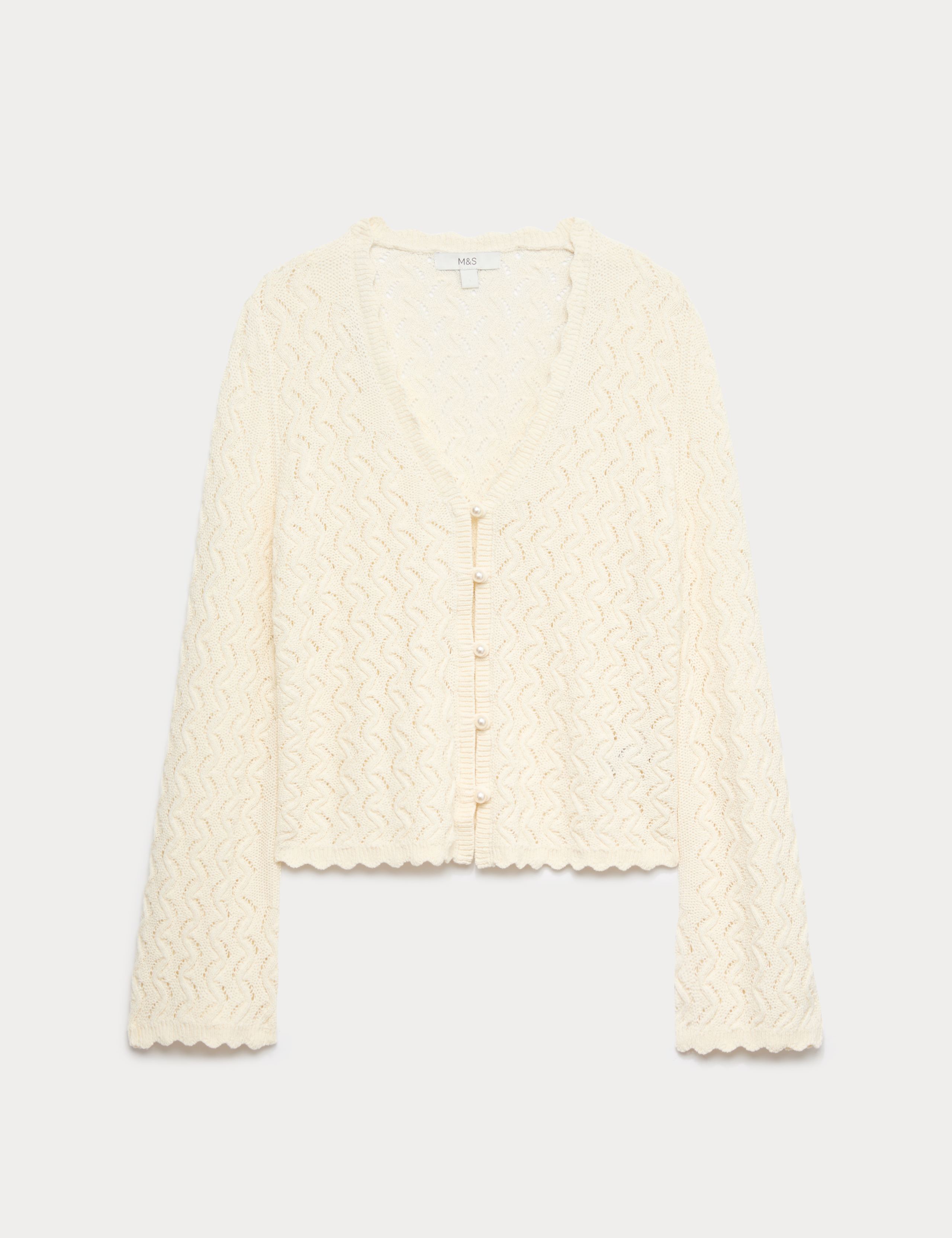 Cotton Rich Pearl Detail Scallop Edge Cardigan 2 of 6