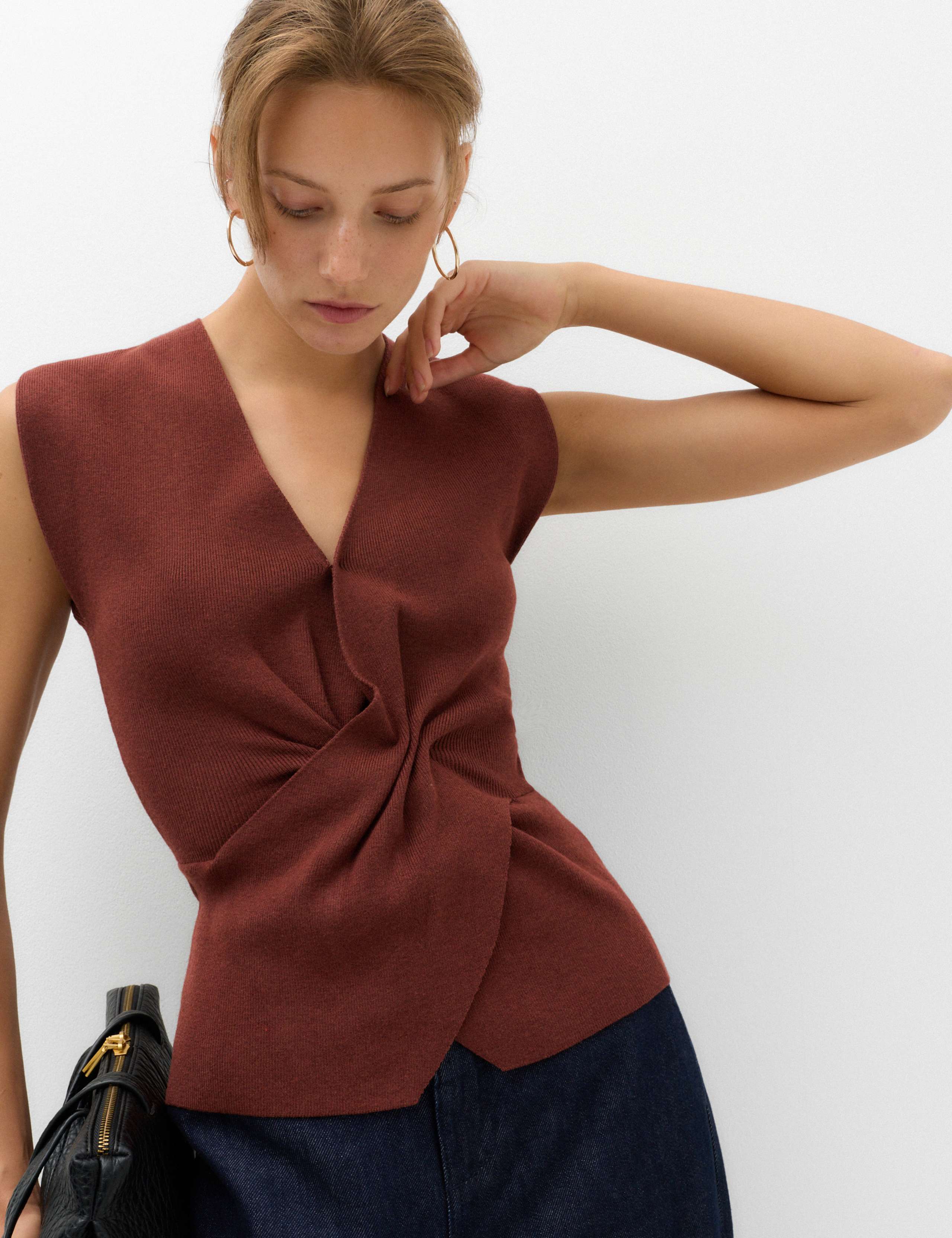Twist Front V Neck Knitted Top with Wool 1 of 5
