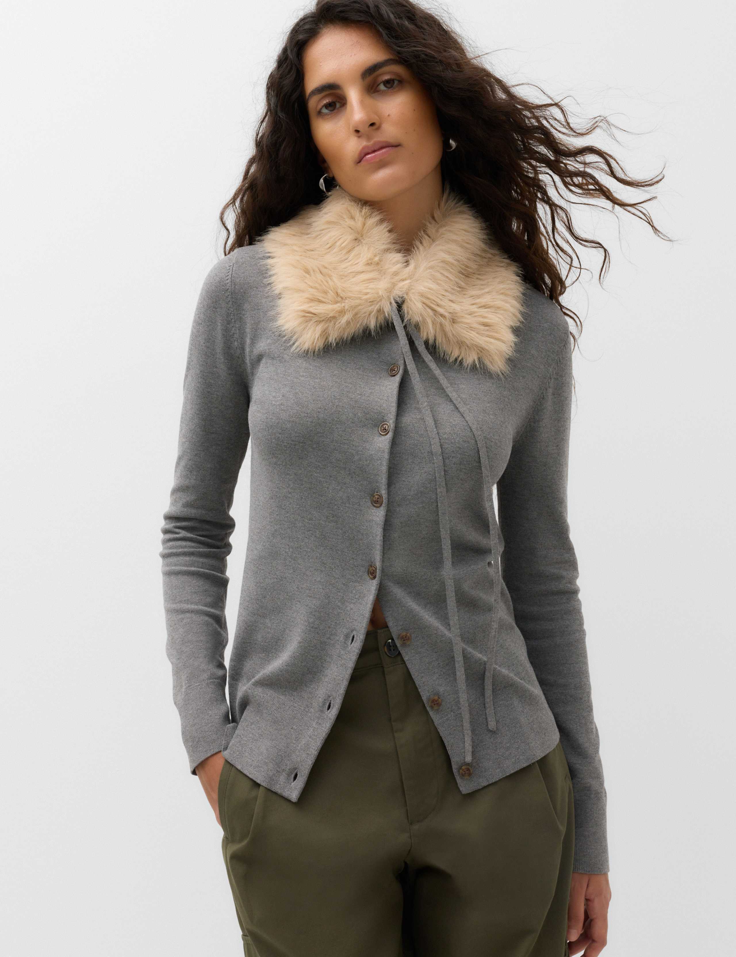 Faux Fur Collar Button Front Cardigan 1 of 7
