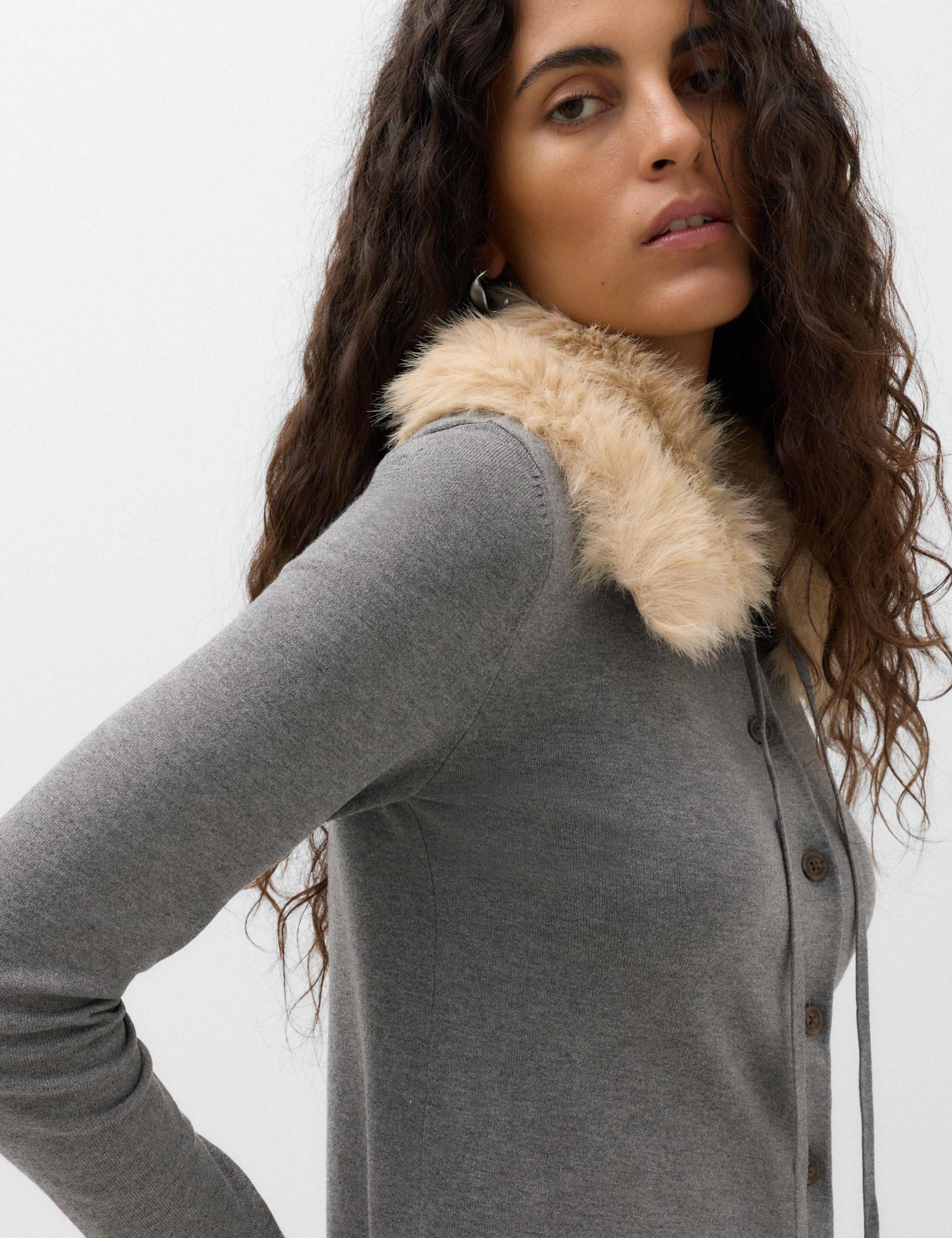 Faux Fur Collar Button Front Cardigan 7 of 7