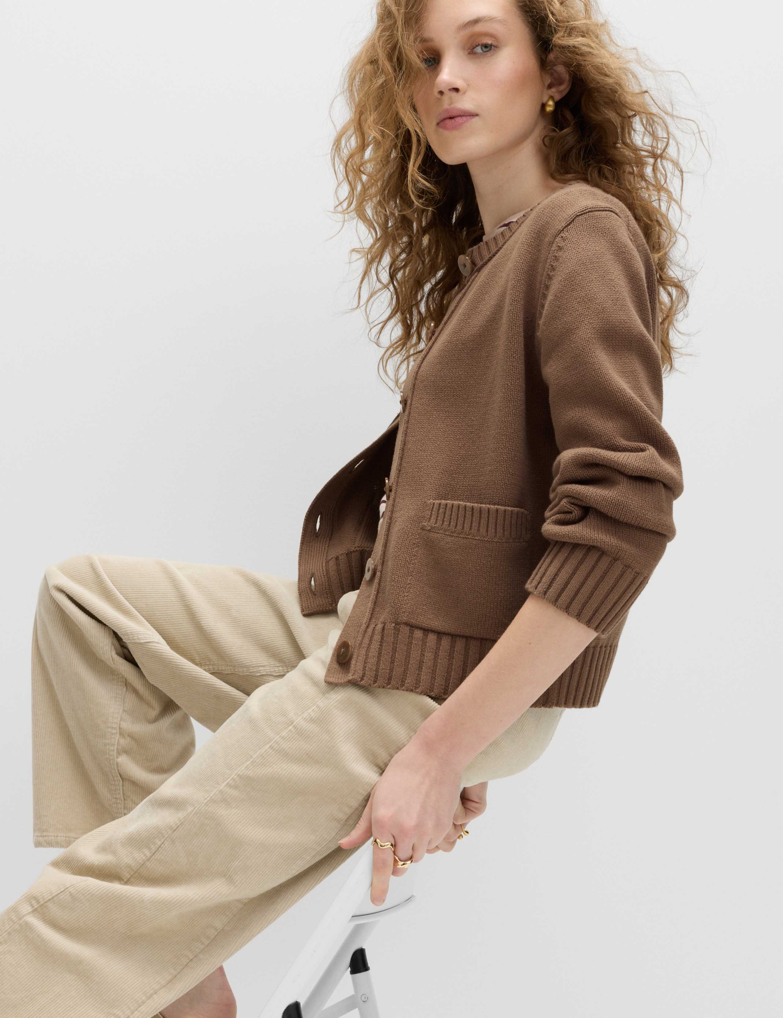 Cotton Rich Crew Neck Button Front Cardigan 4 of 6