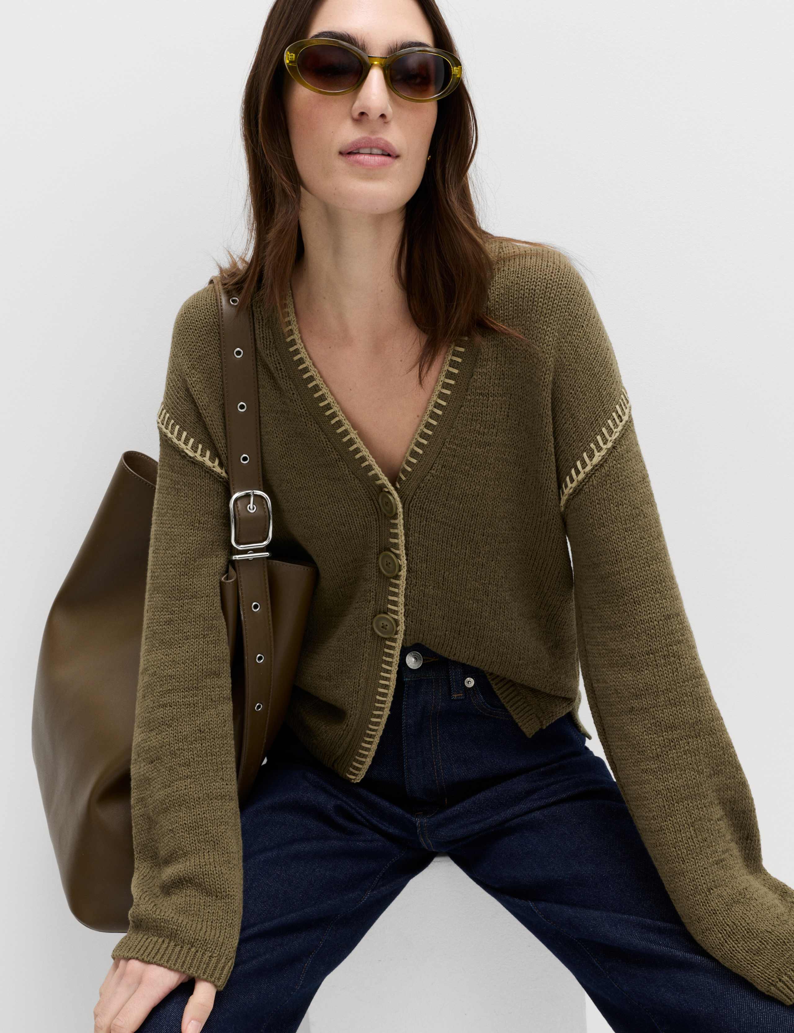 Cotton Rich Textured V-Neck Whipstitch Cardigan 1 of 5