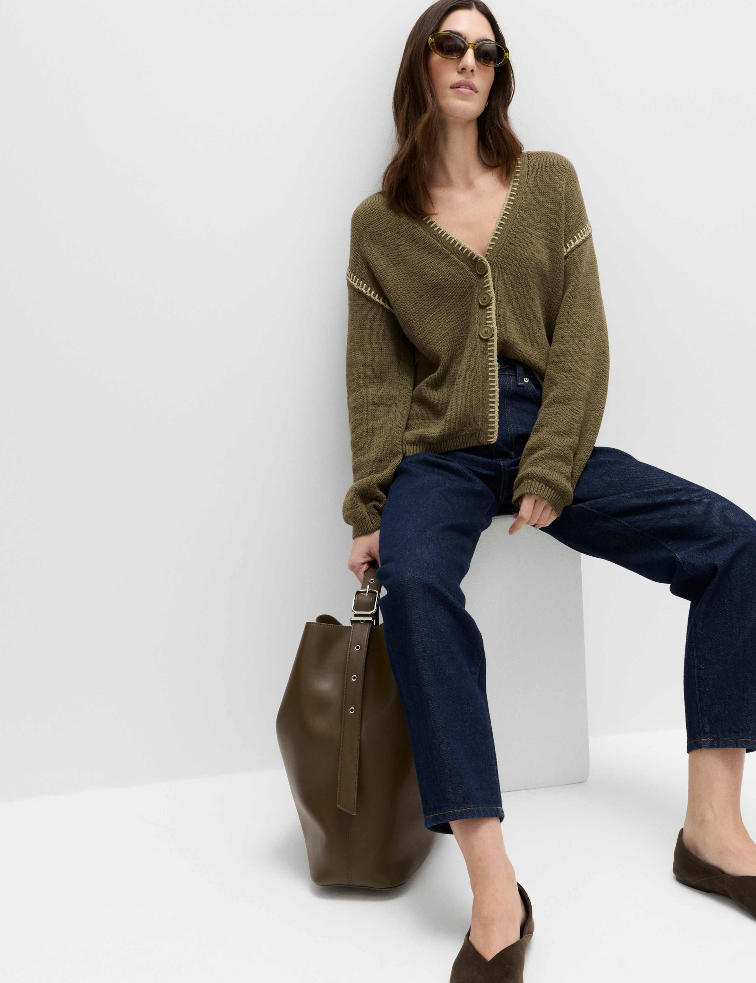 Cotton Rich Textured V-Neck Whipstitch Cardigan 5 of 5