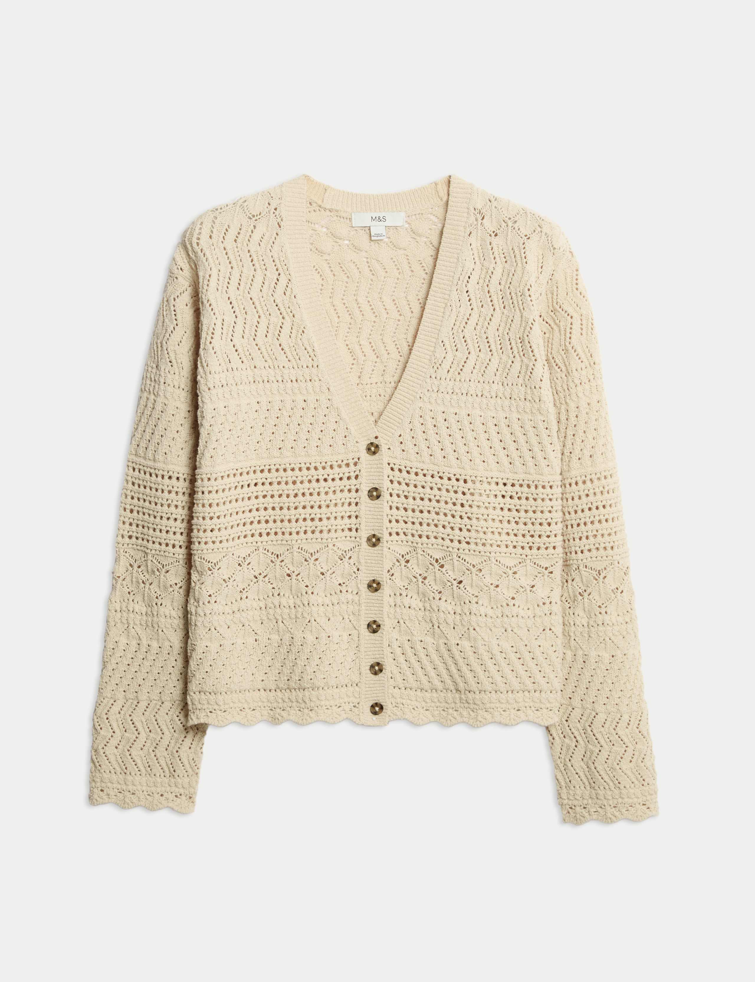 Cotton Blend Pointelle V-Neck Button Front Cardigan 2 of 7