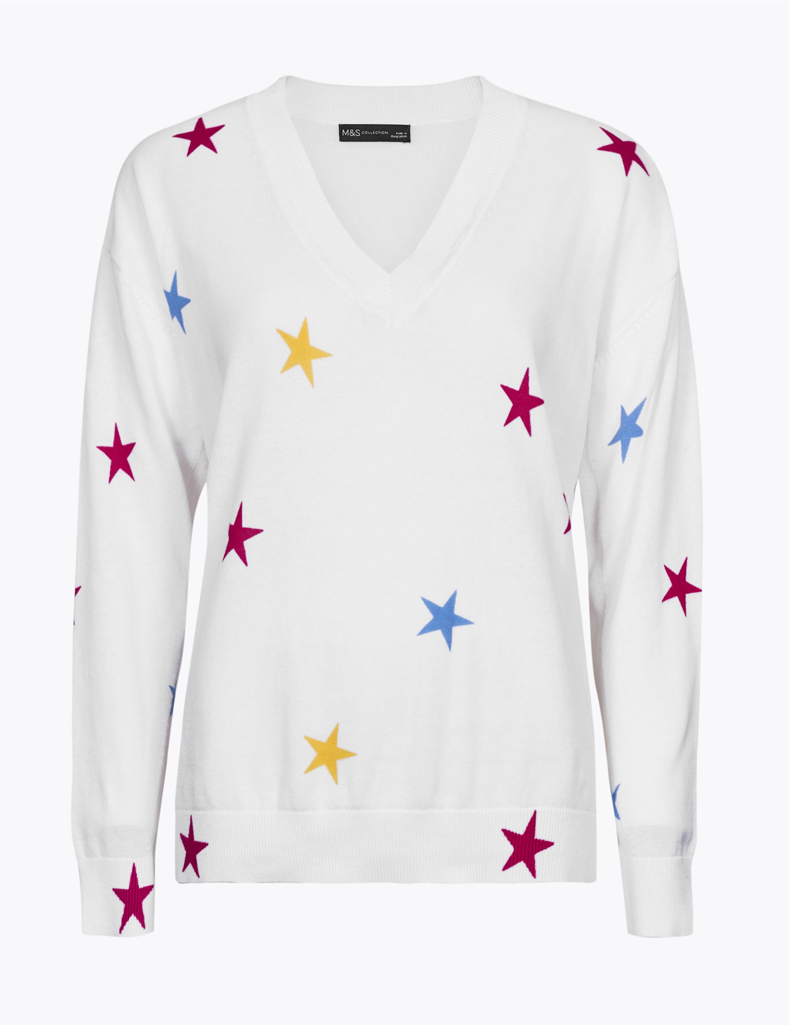 Pure Cotton Star Print V-Neck Jumper 1 of 1