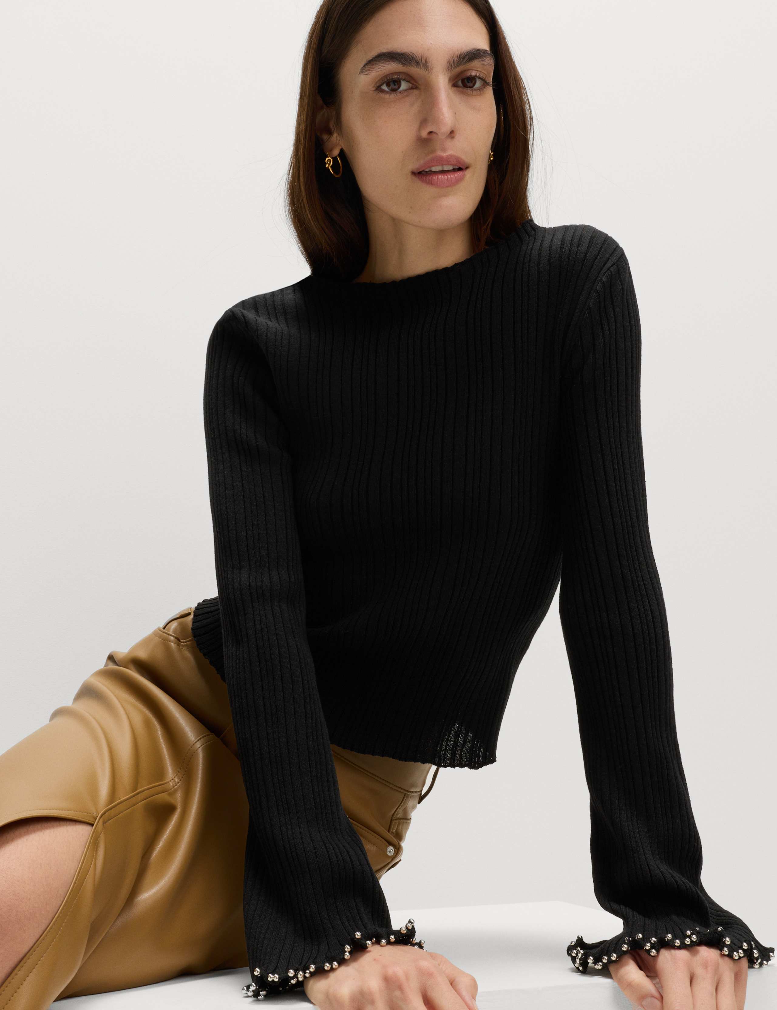 Cotton Blend Ribbed Slash Neck Fitted Cropped Knitted Top 5 of 5
