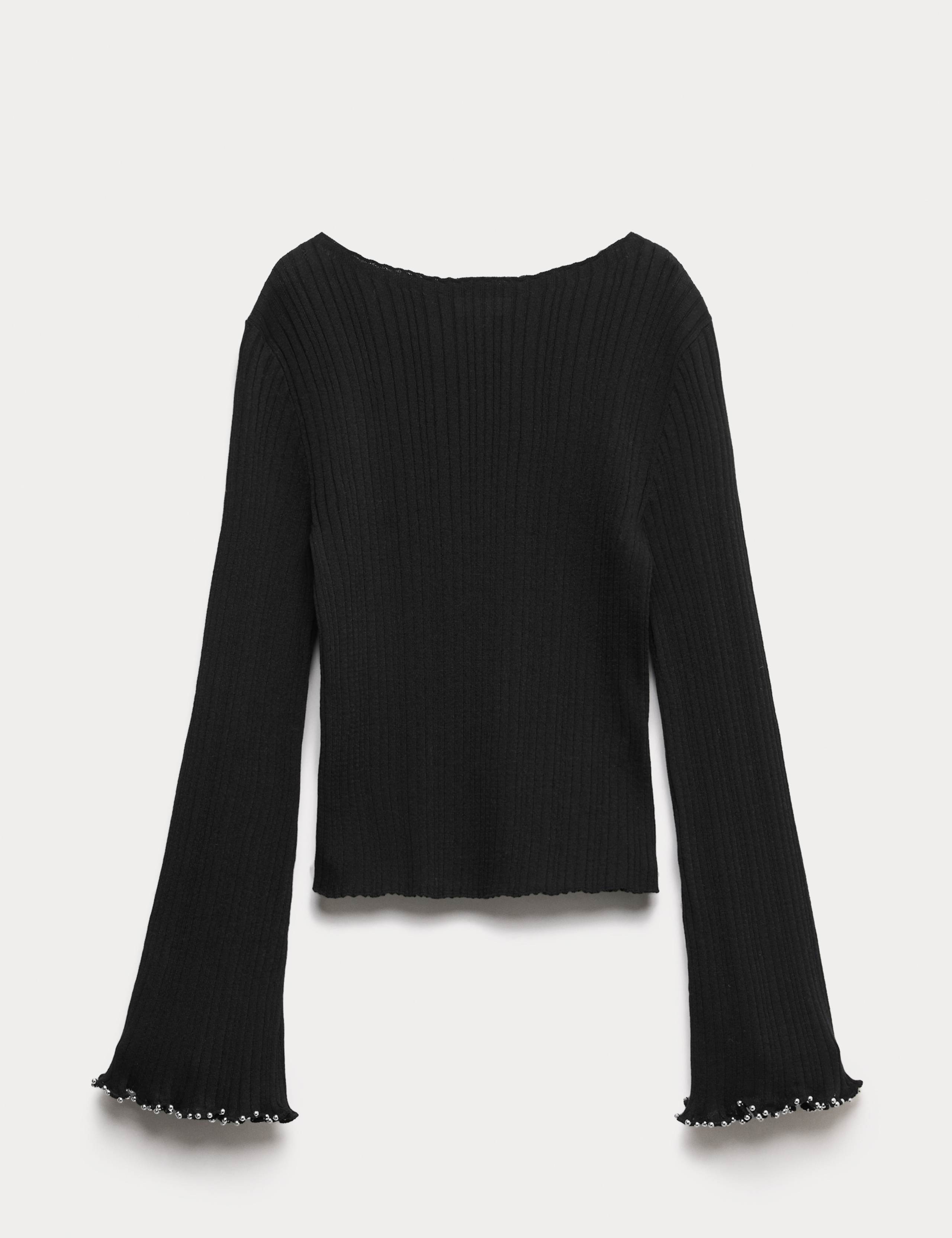 Cotton Blend Ribbed Slash Neck Fitted Cropped Knitted Top 2 of 5