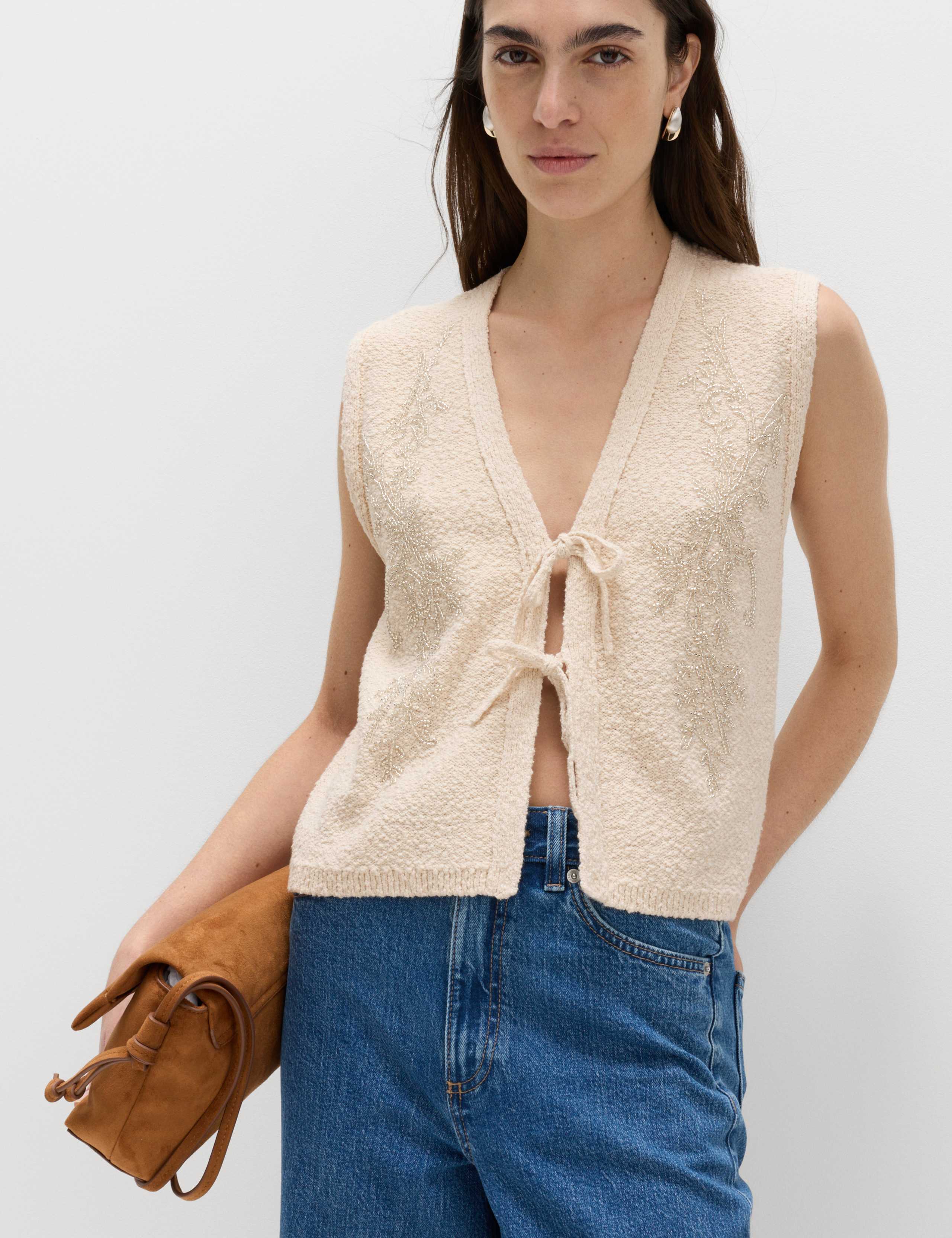 Cotton Rich Embellished Textured Cropped Waistcoat 4 of 6