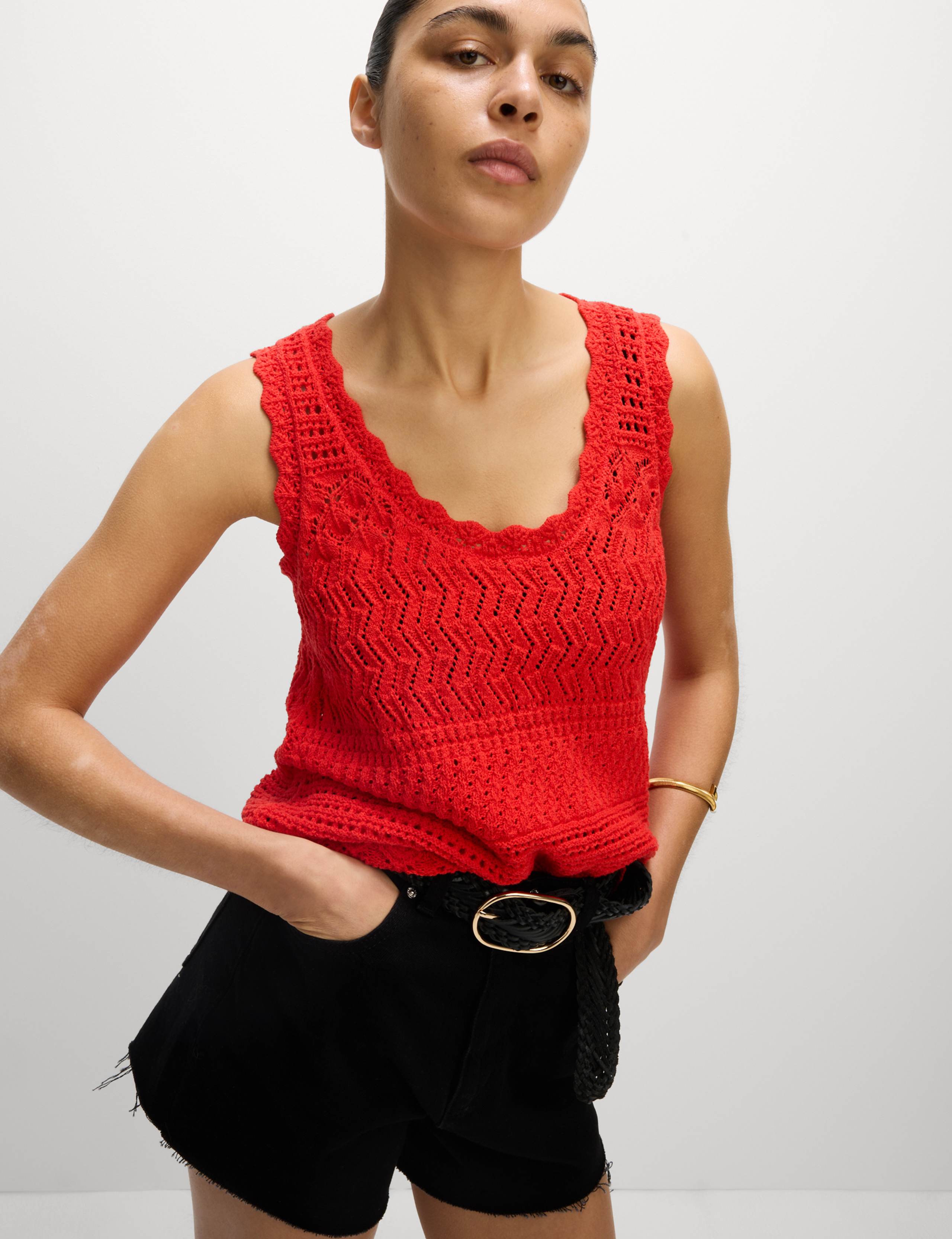 Cotton Blend Pointelle Scallop Edge Knitted Vest 5 of 6