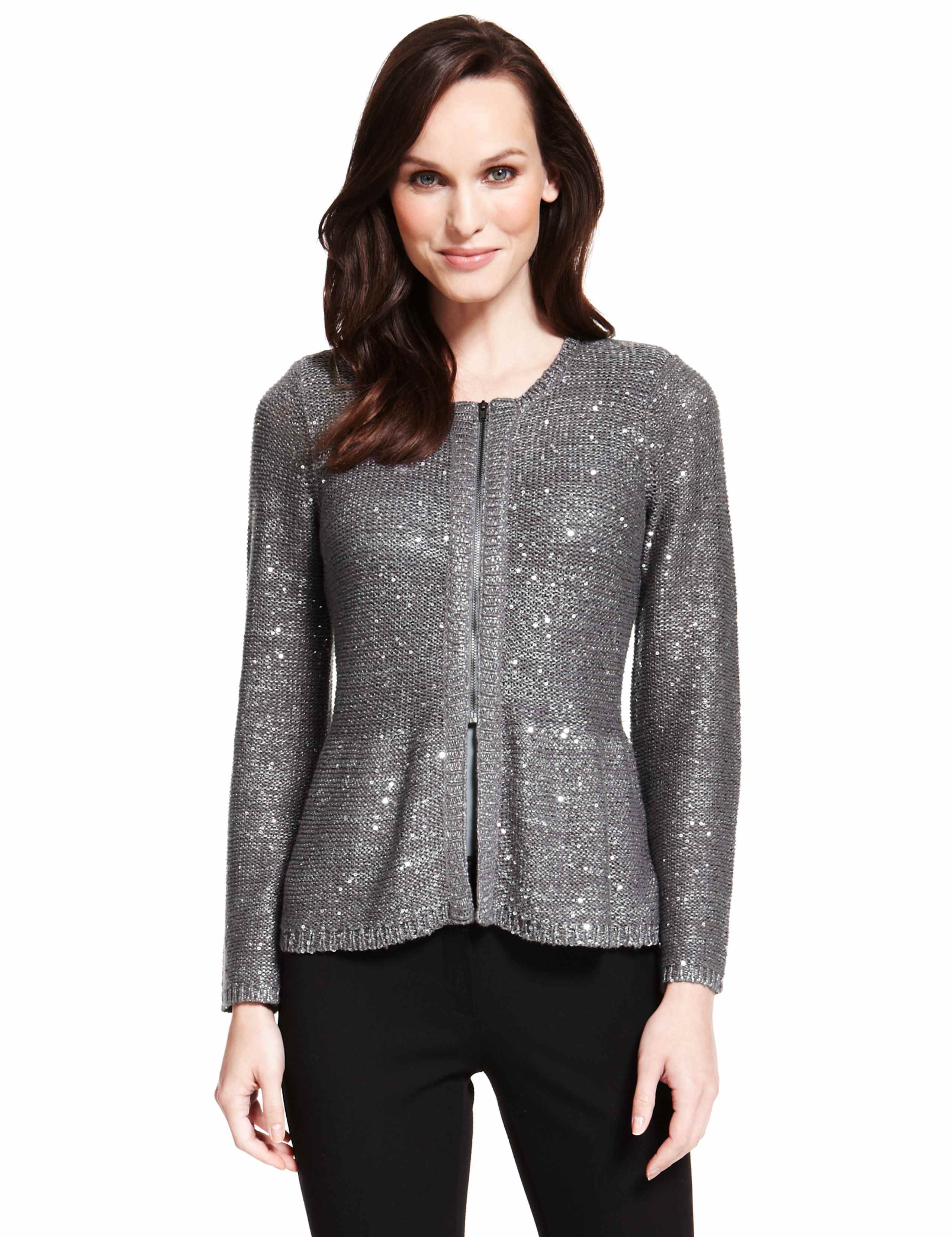 Sequin Embellished Zipped Peplum Cardigan 1 of 5