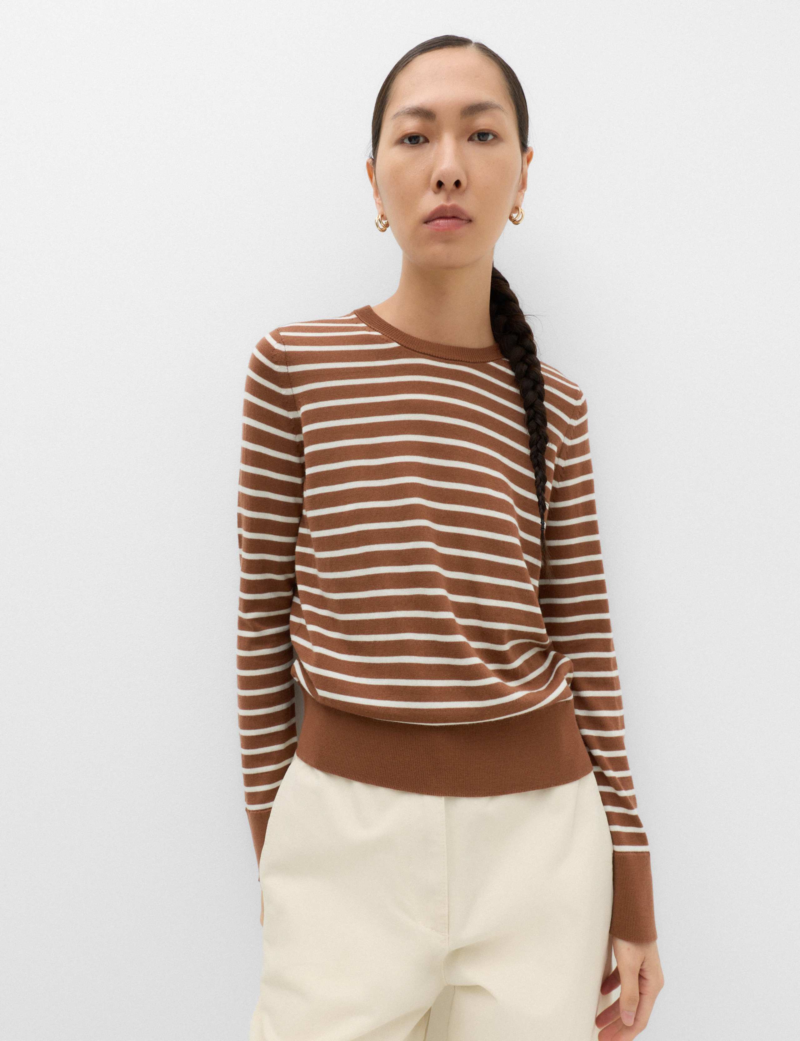 Pure Merino Wool Striped Crew Neck Jumper 1 of 5