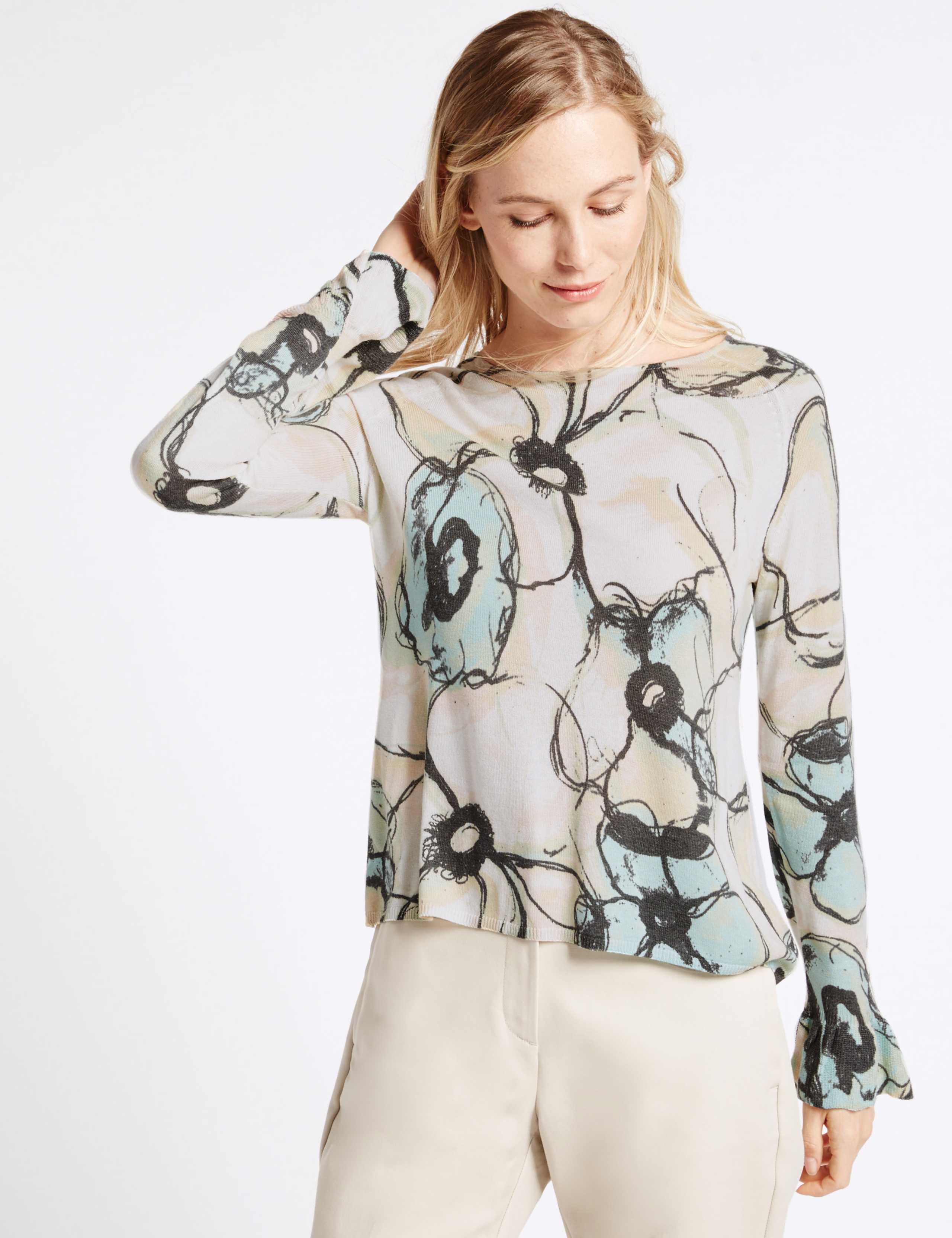 Floral Print Slash Neck Flute Sleeve Jumper 1 of 4