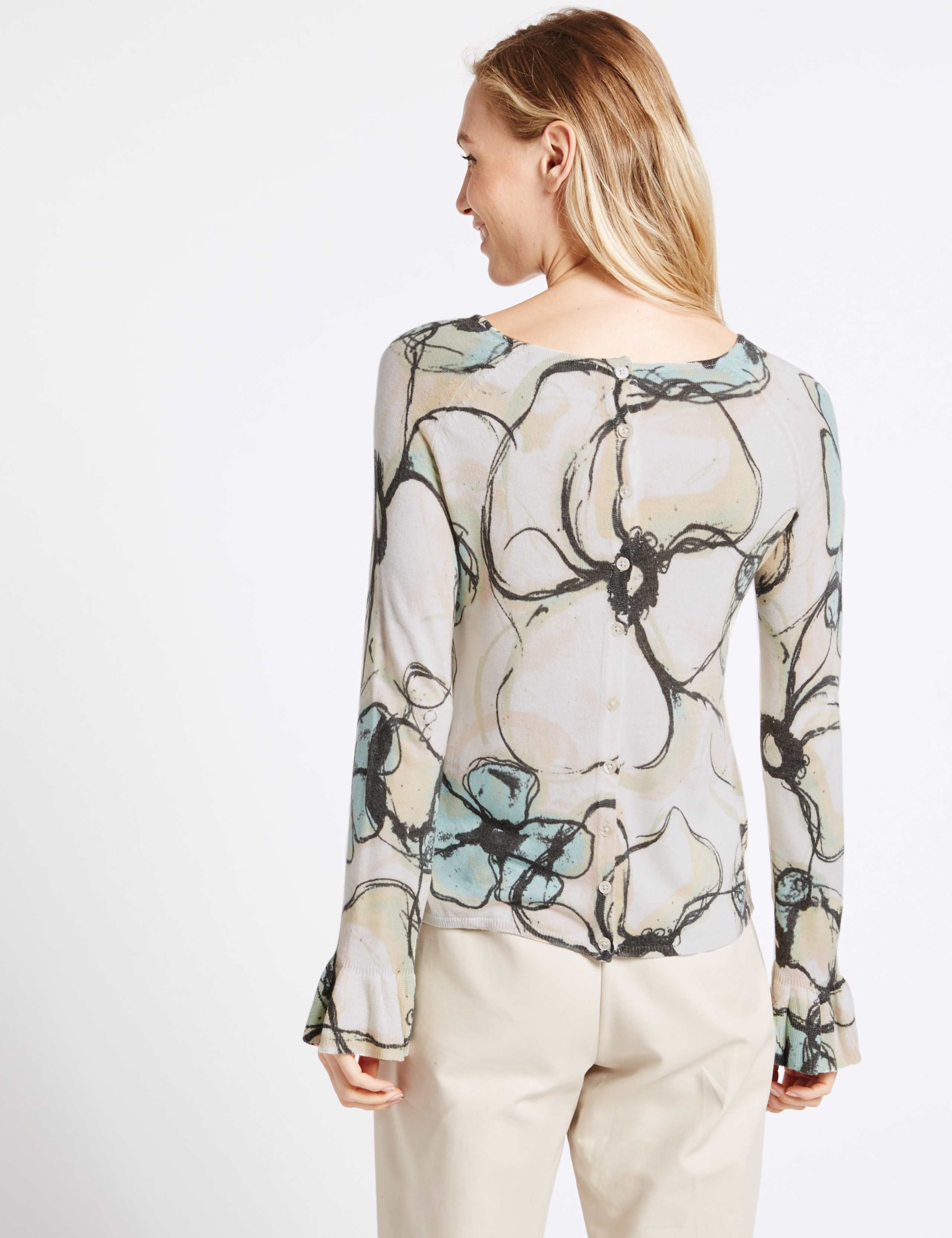 Floral Print Slash Neck Flute Sleeve Jumper 4 of 4