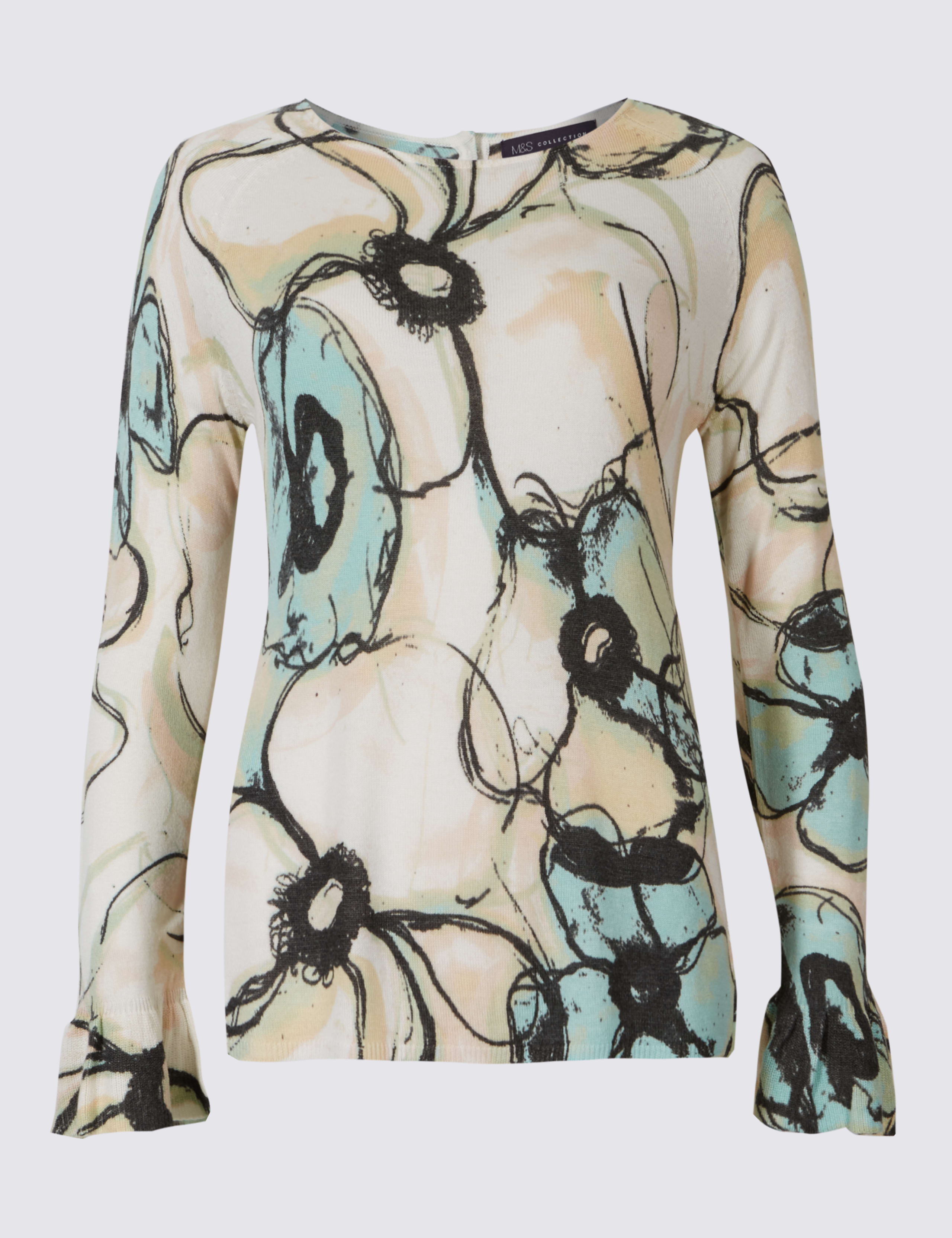Floral Print Slash Neck Flute Sleeve Jumper 2 of 4