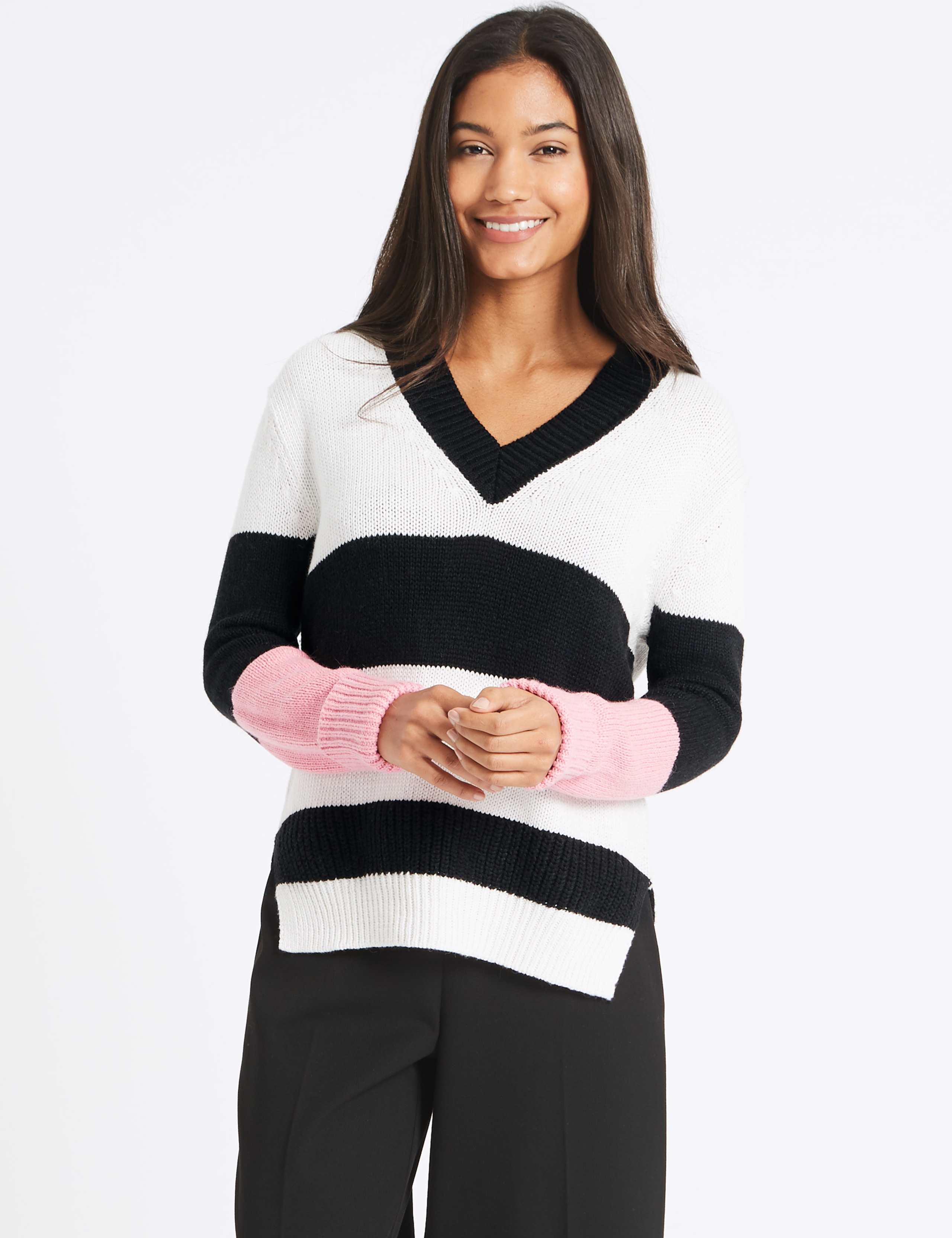 Cotton Blend Colour Block V-Neck Jumper 1 of 3