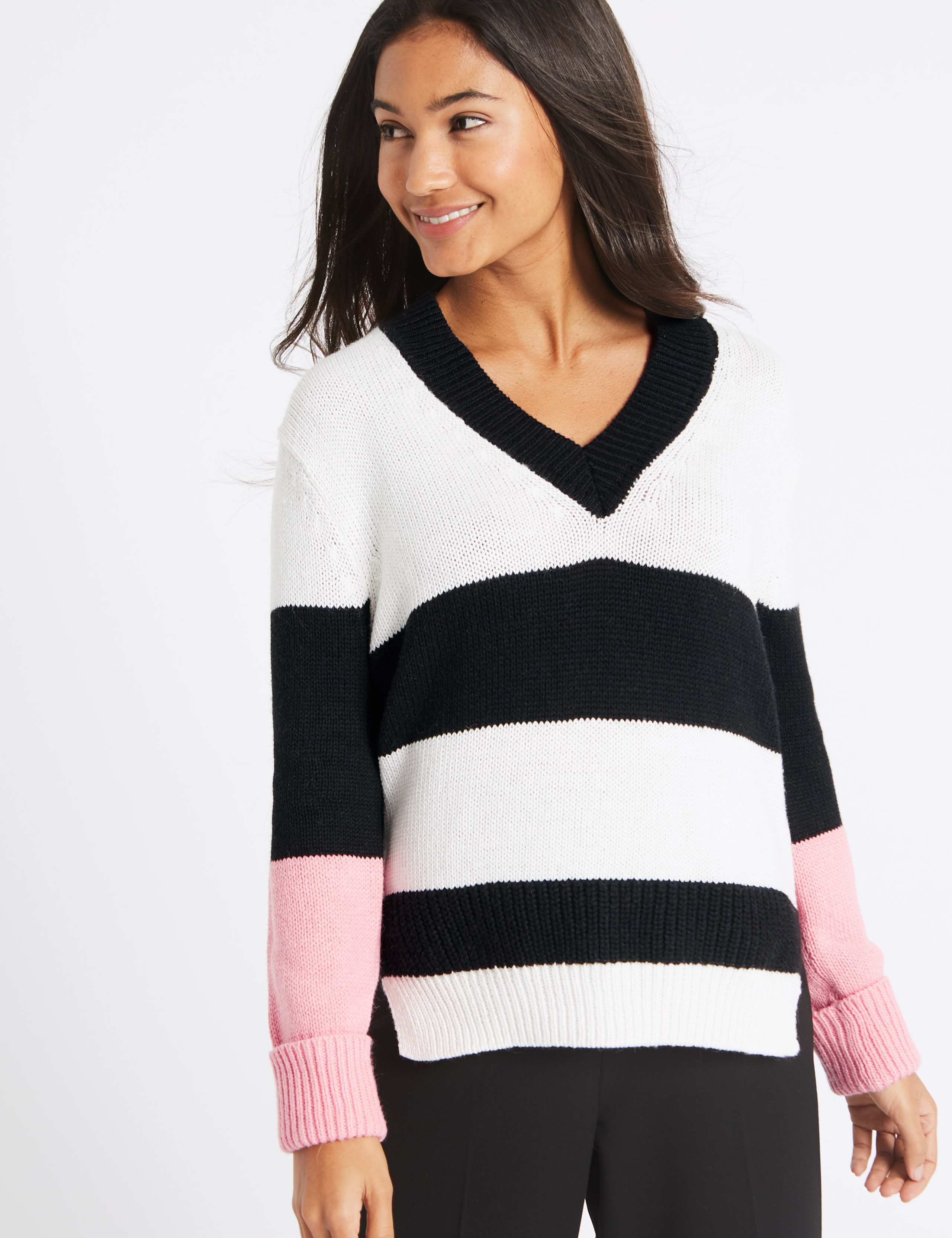 Cotton Blend Colour Block V-Neck Jumper 2 of 3