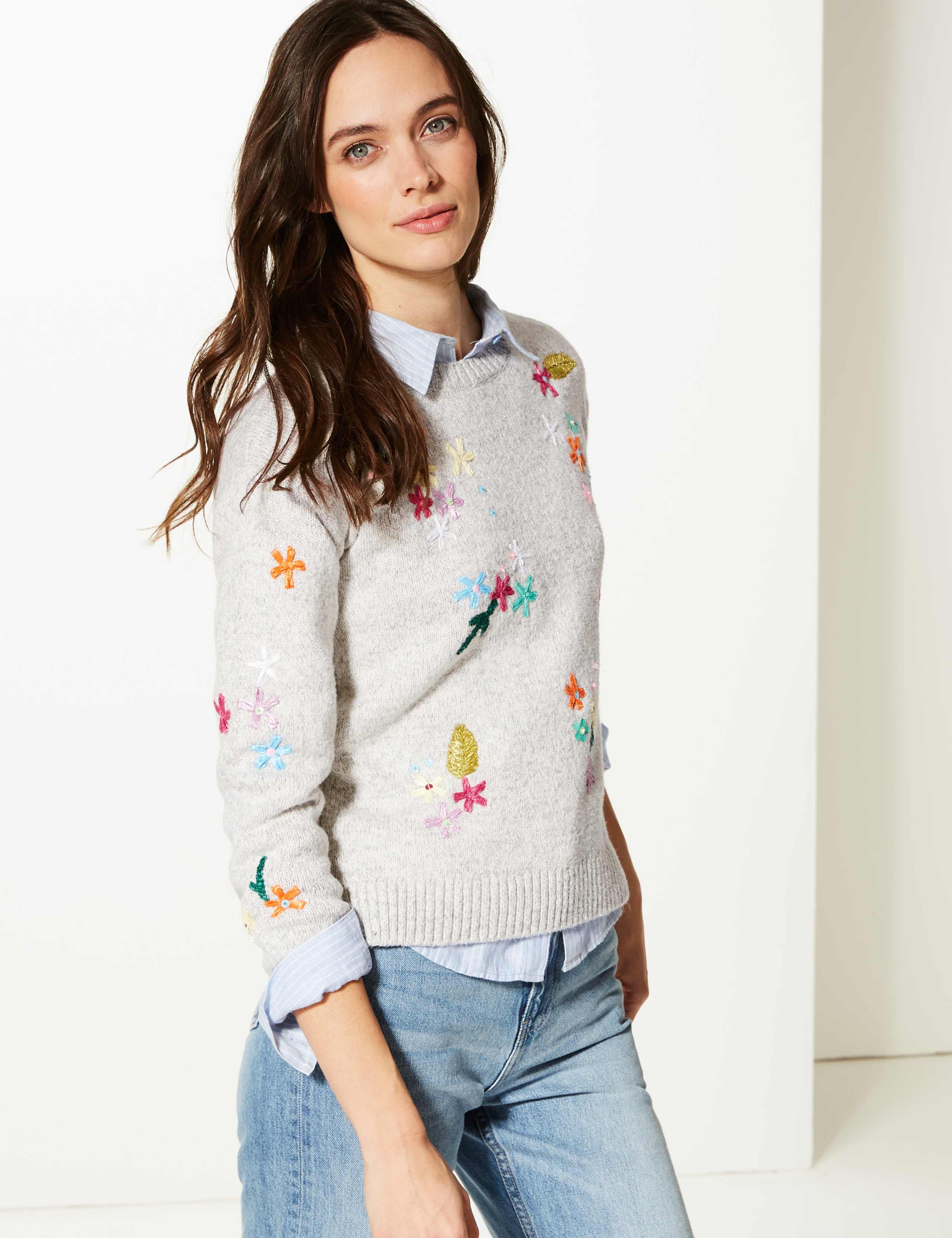 Cotton Blend Embroidered Round Neck Jumper M&S Collection M&S IE