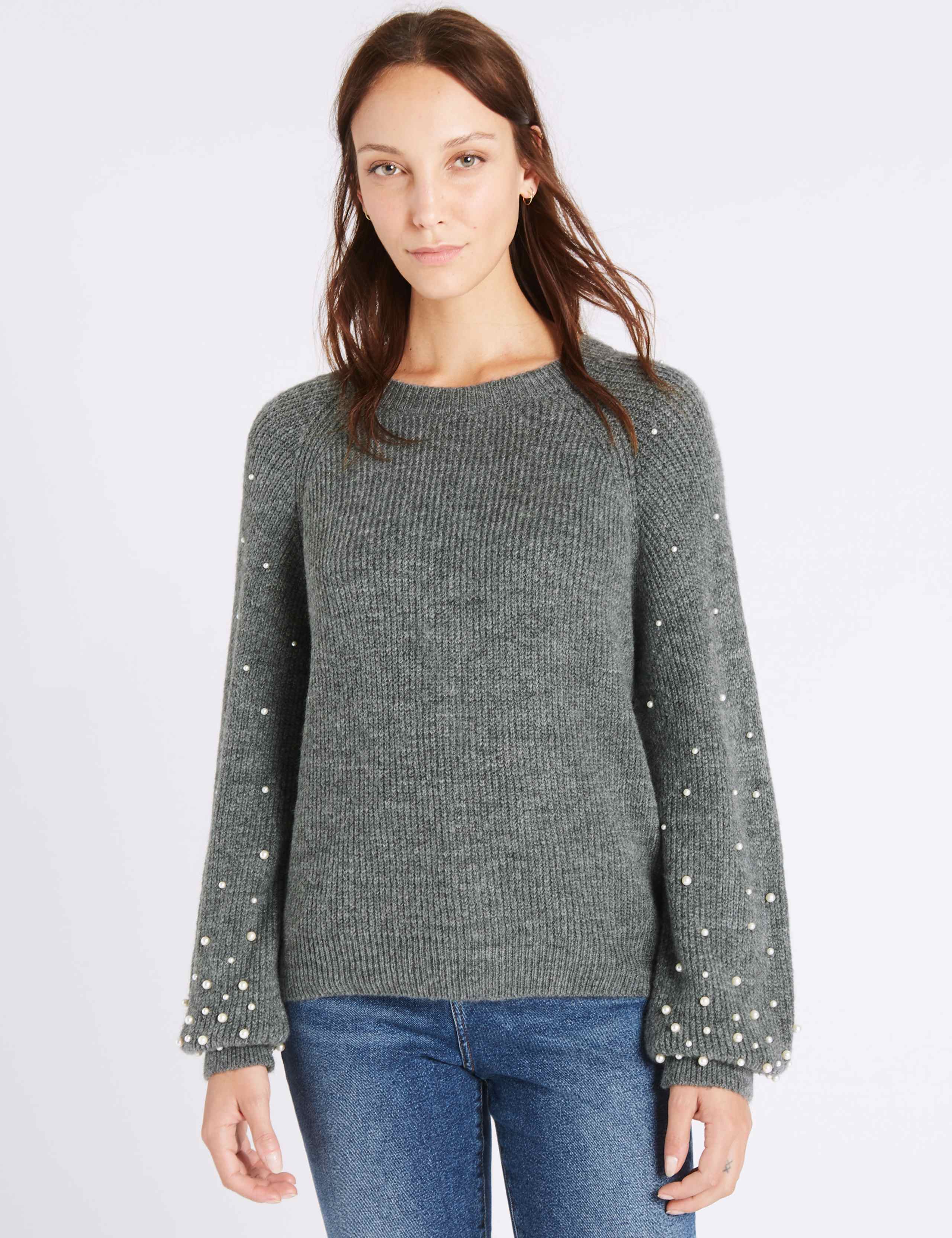 Textured Round Neck Pearl Sleeve Jumper 1 of 5