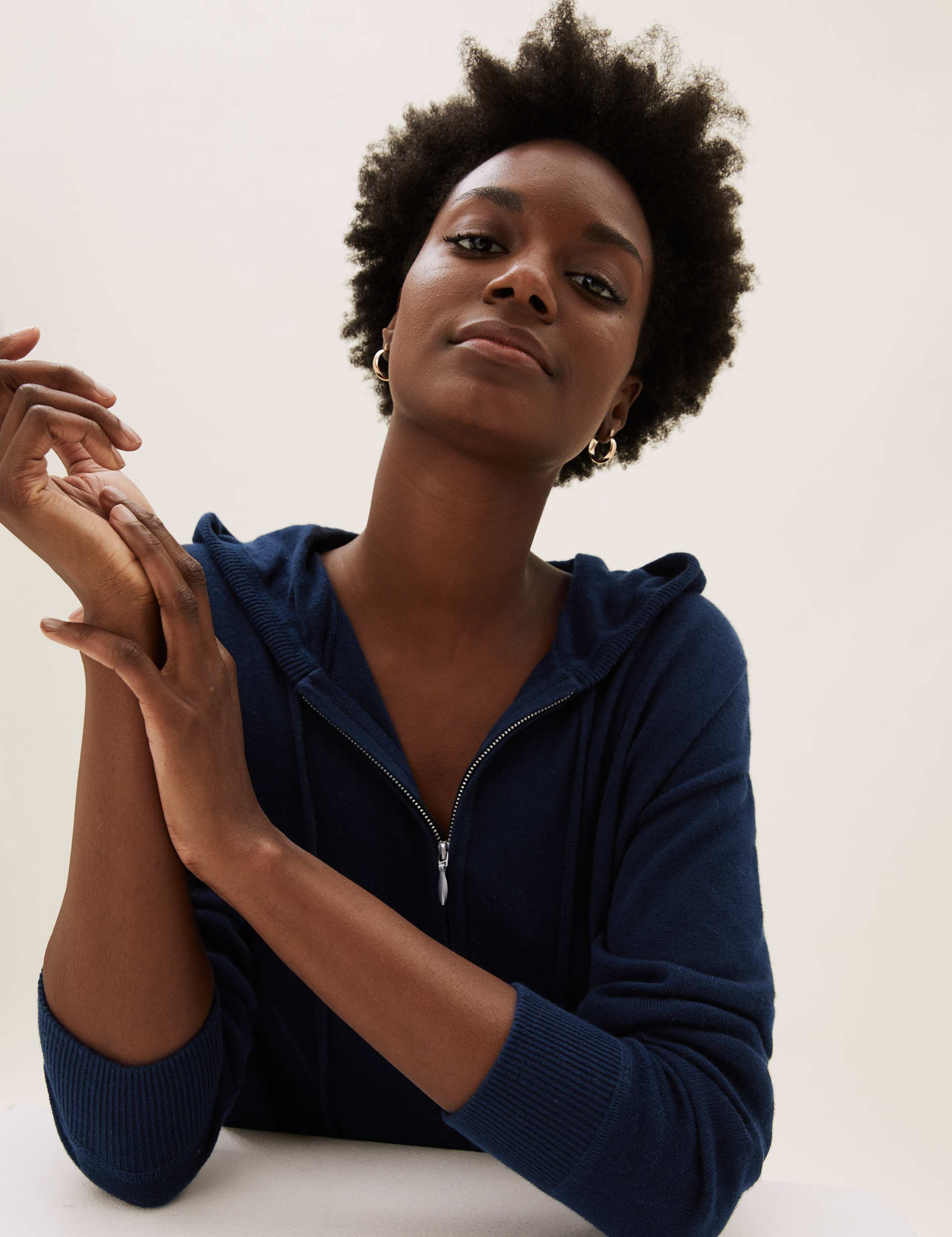 Cotton Relaxed Zip Up Hoodie with Cashmere 1 of 5