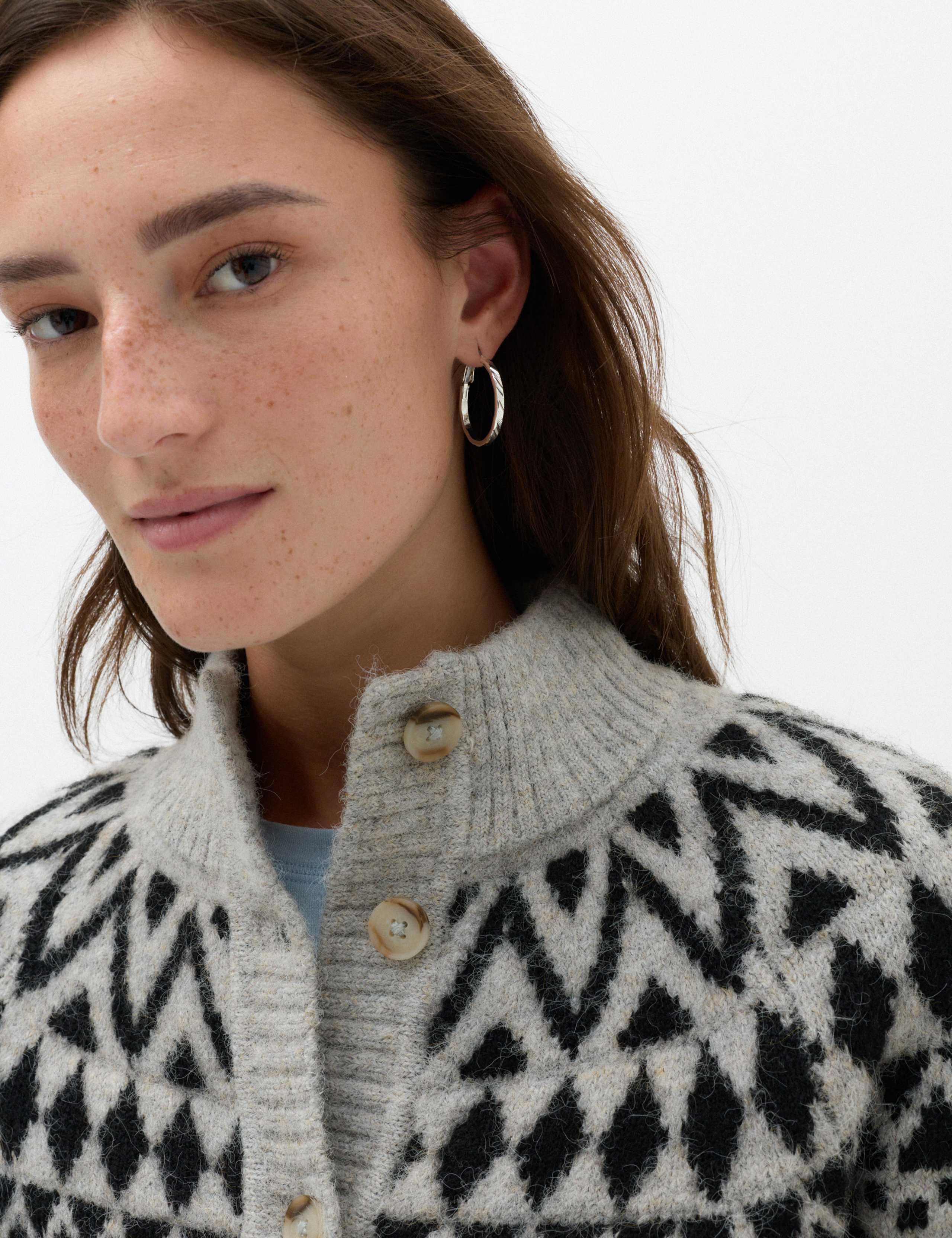 Fair Isle Funnel Neck Button Front Slim Fit Cardigan with Wool 3 of 6