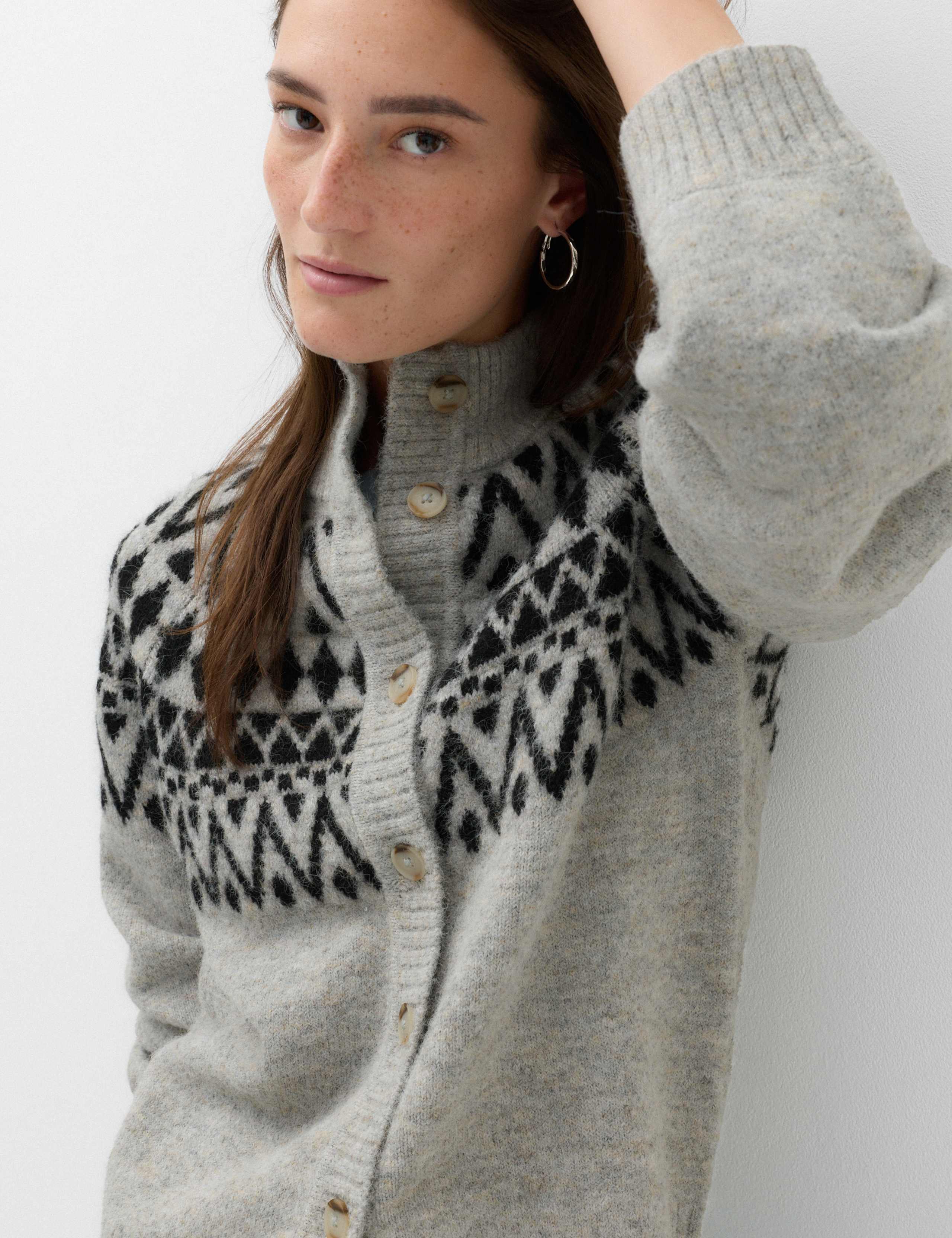 Fair Isle Funnel Neck Button Front Slim Fit Cardigan with Wool 5 of 6