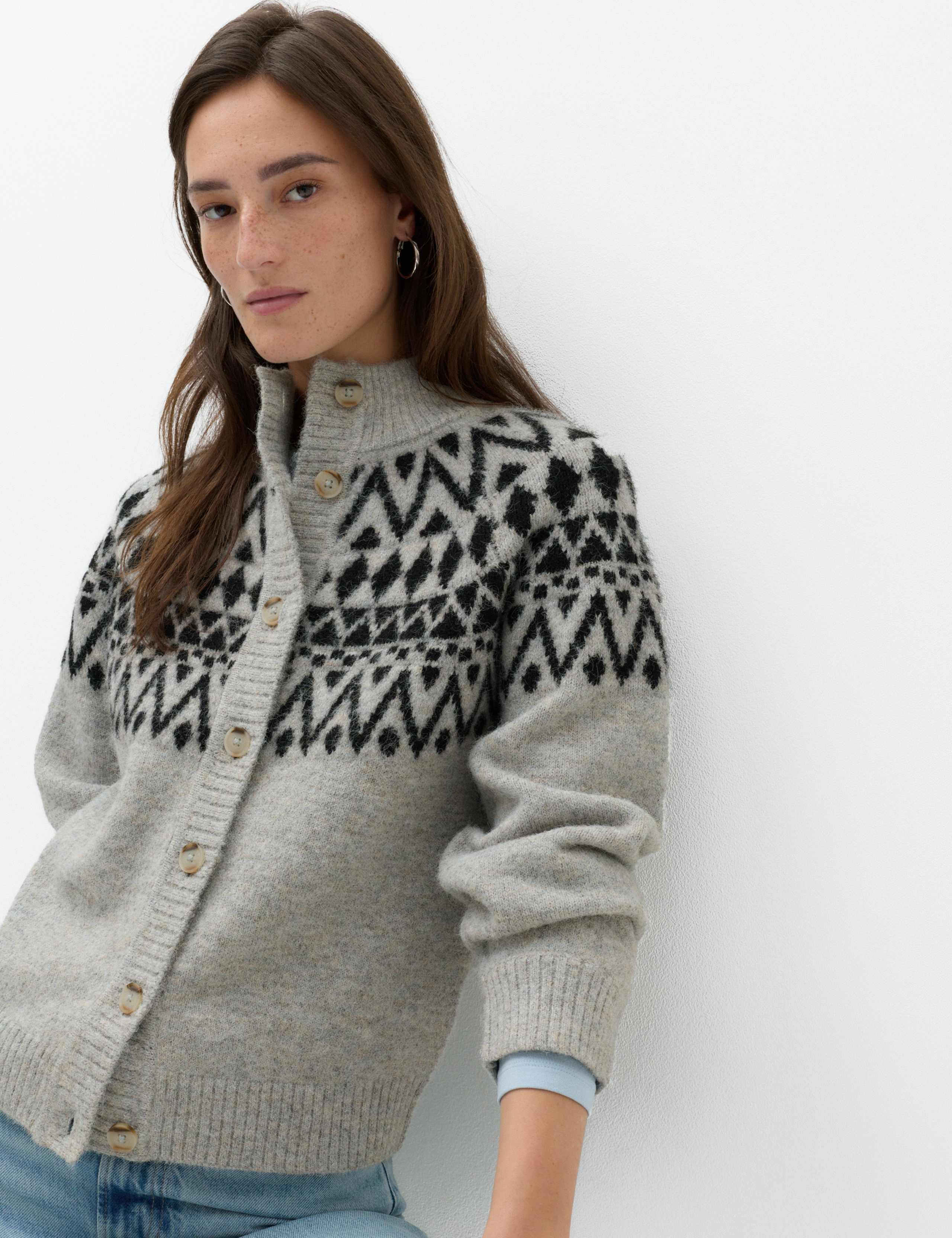 Fair Isle Funnel Neck Button Front Slim Fit Cardigan with Wool 6 of 6